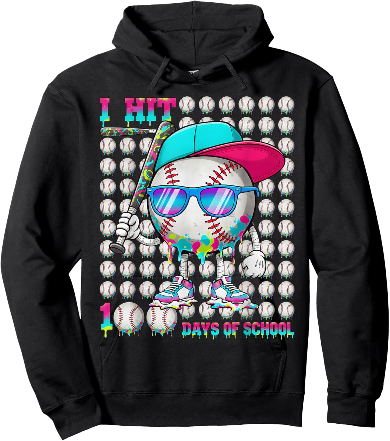 100 Days of School Baseball Drip Ice Cream Boys Kids Hoodie - Hoodie | Black