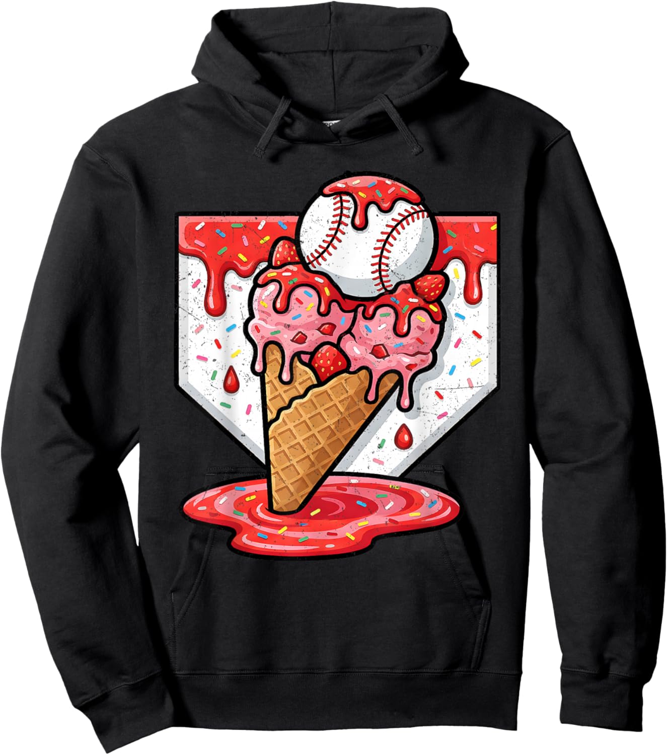 Baseball Ice Cream Drip Baseball Strawberry for Youth Red Hoodie - Hoodie | Black