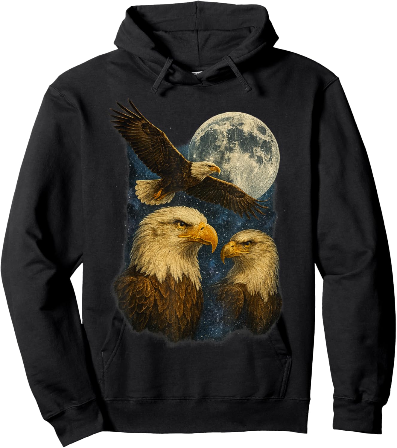 Three Bald Eagle Moon American Bird Lover Wildlife Hoodie - Hoodie | Black