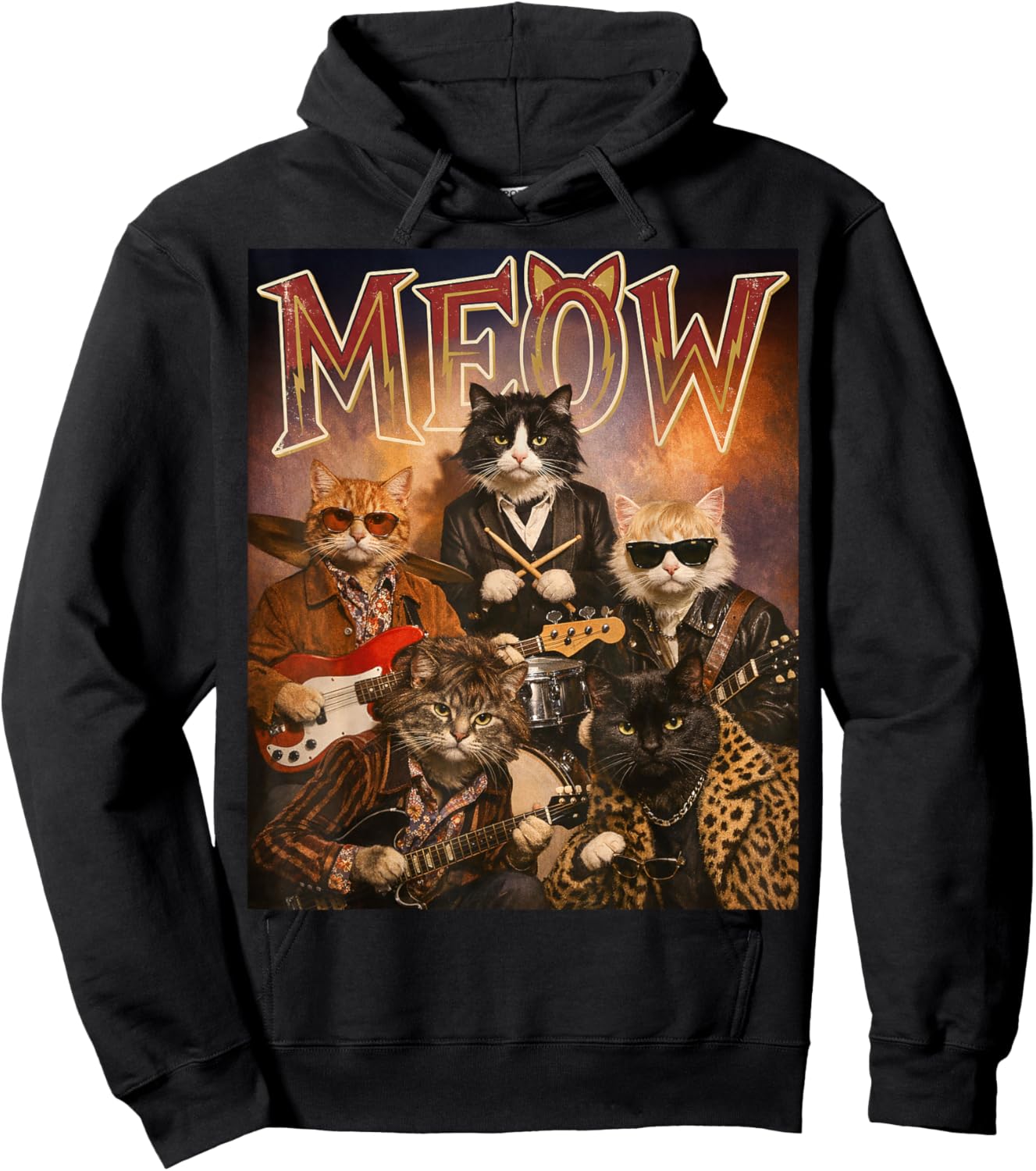 Meow Funny Cat Rock and Roll Band 60s Retro Music Fan Hoodie - Hoodie | Black