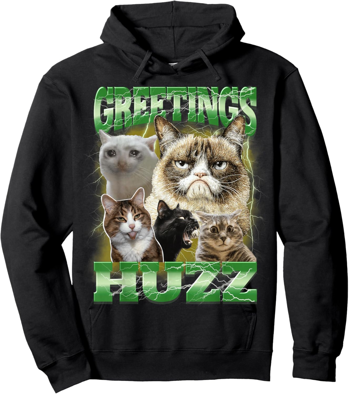 Greetings Huzz Bootleg Cringe CAT Meme Weird Stupid Cats Hoodie - Hoodie | Black