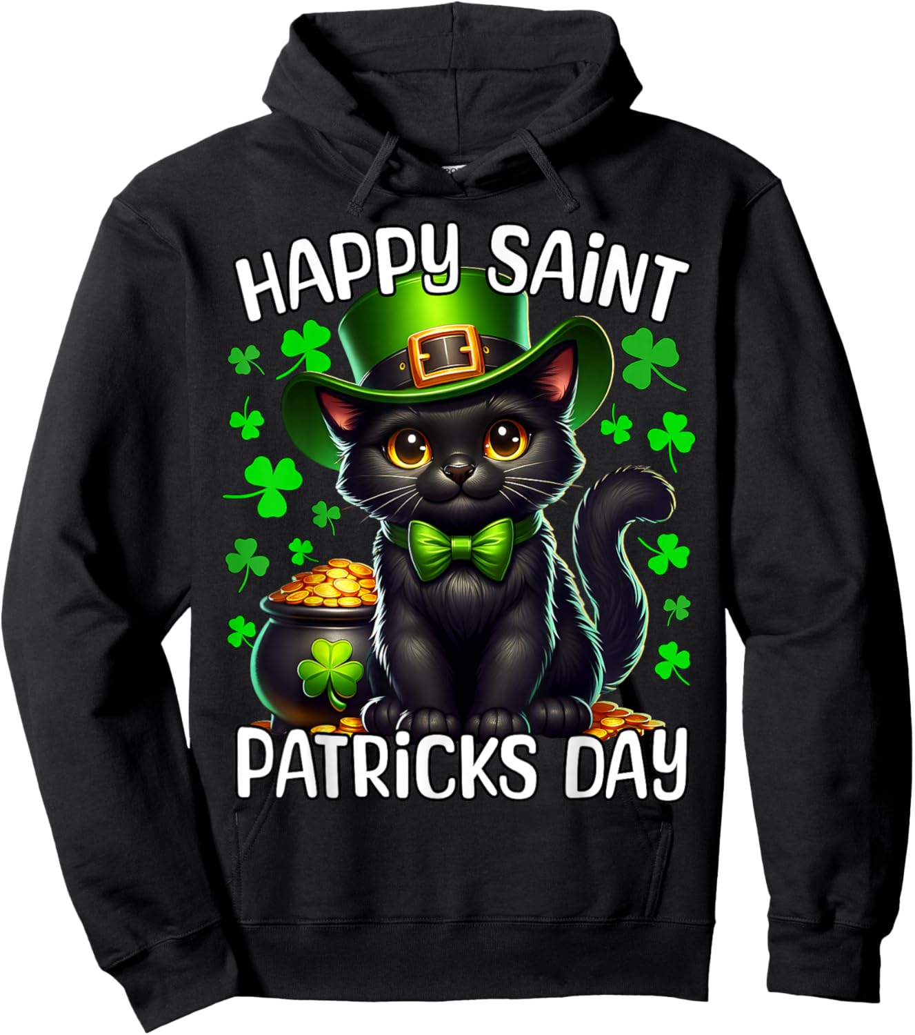 Black Cat Happy Saint Patricks Day Cat Hoodie - Hoodie | Black
