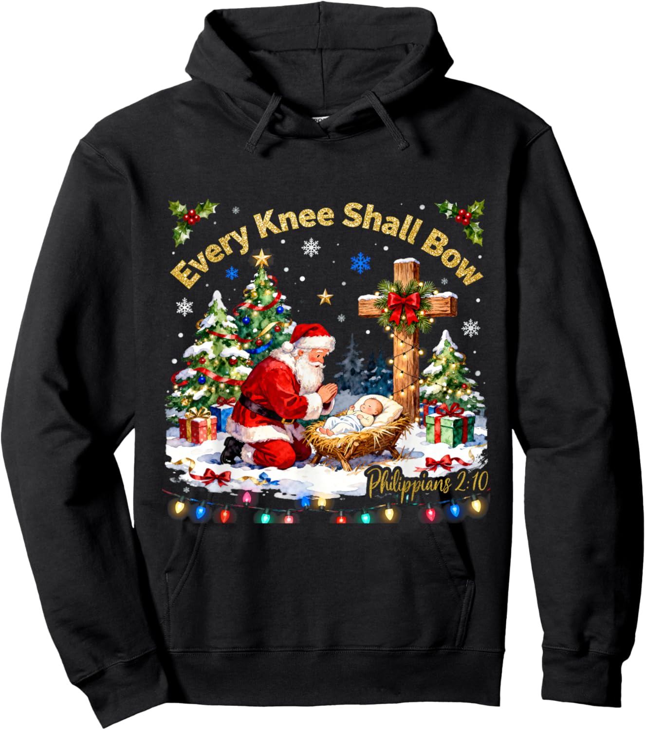 Xmas Every Knee Shall Bow Santa Christmas Nativity Scene Hoodie - Hoodie | Black