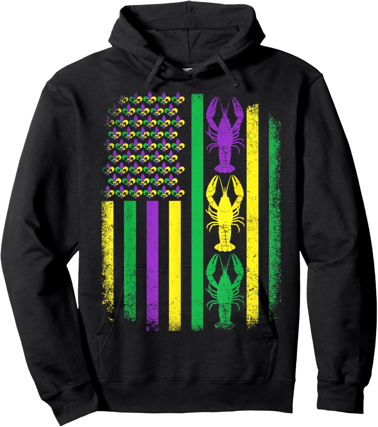 Retro Mardi Gras USA American Flag Crawfish Parade Men Women Hoodie - Hoodie | Black