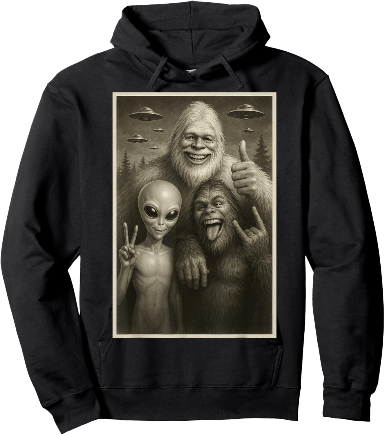 Funny Bigfoot, Alien, & Yeti Sasquatch Rock On UFO Handsign Hoodie - Hoodie | Black