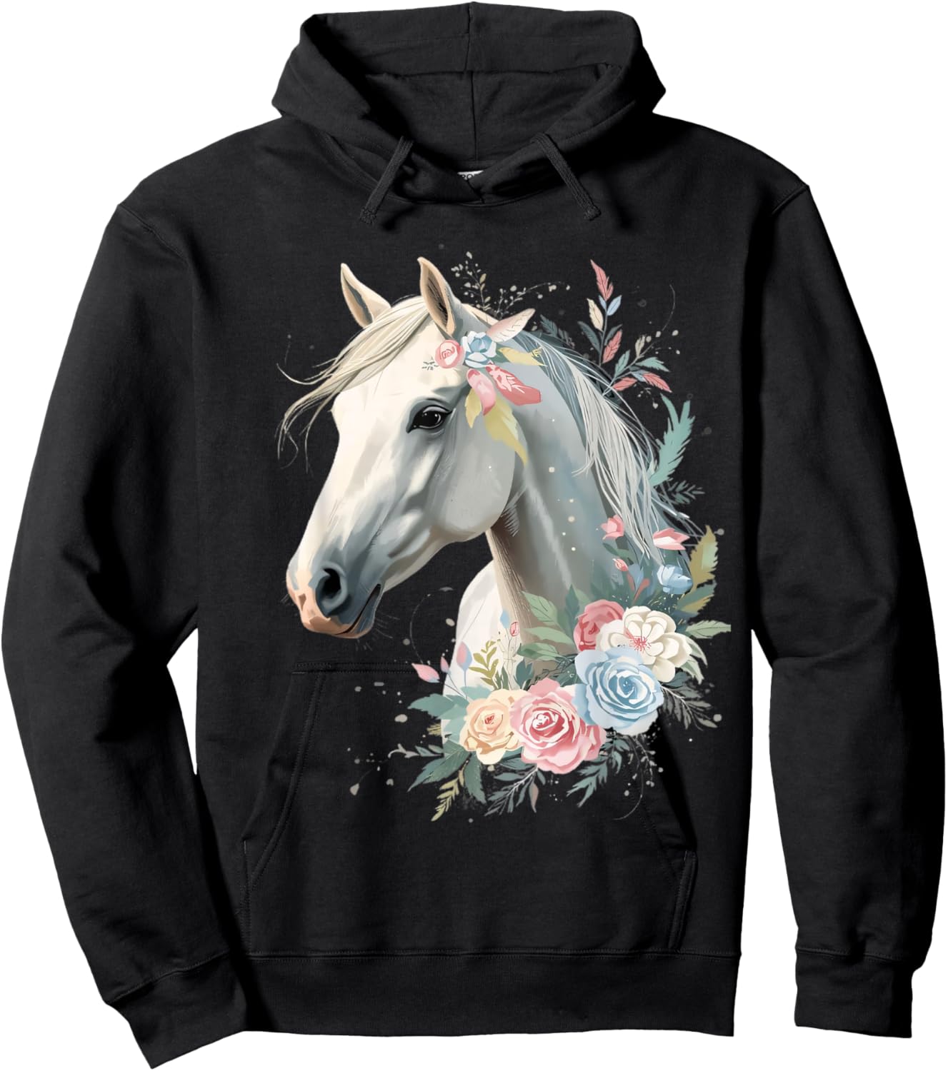 White Horse Portrait with Elegant Floral Elements Hoodie - Hoodie | Black