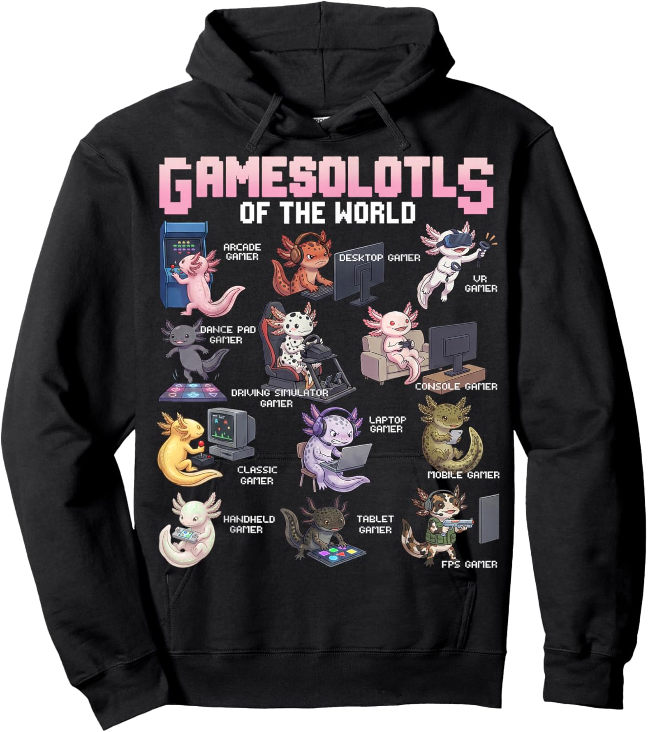 Gamesolotls of The World Gamer Types Axolotl Collection Hoodie - Hoodie | Black