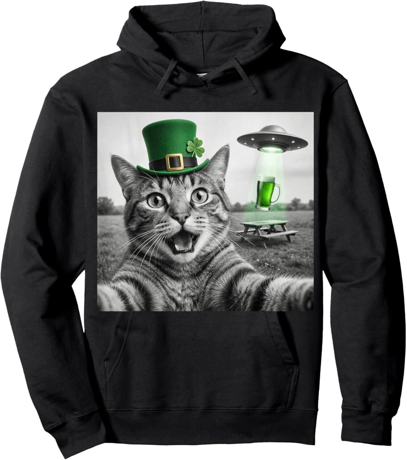 Funny Cat Selfie St Patricks Day UFO Abduction Green Beer Hoodie - Hoodie | Black