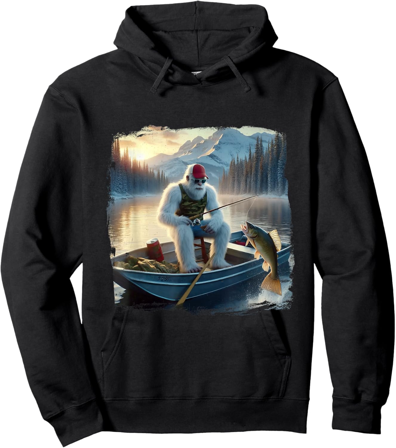 Fishing Merry Fishmas Funny Fish Santa Bigfoot Winter Hoodie - Hoodie | Black