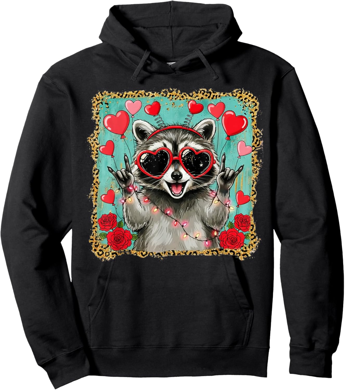 Rock On Hand Sign Racoon Meme Funny Valentines Hoodie - Hoodie | Black