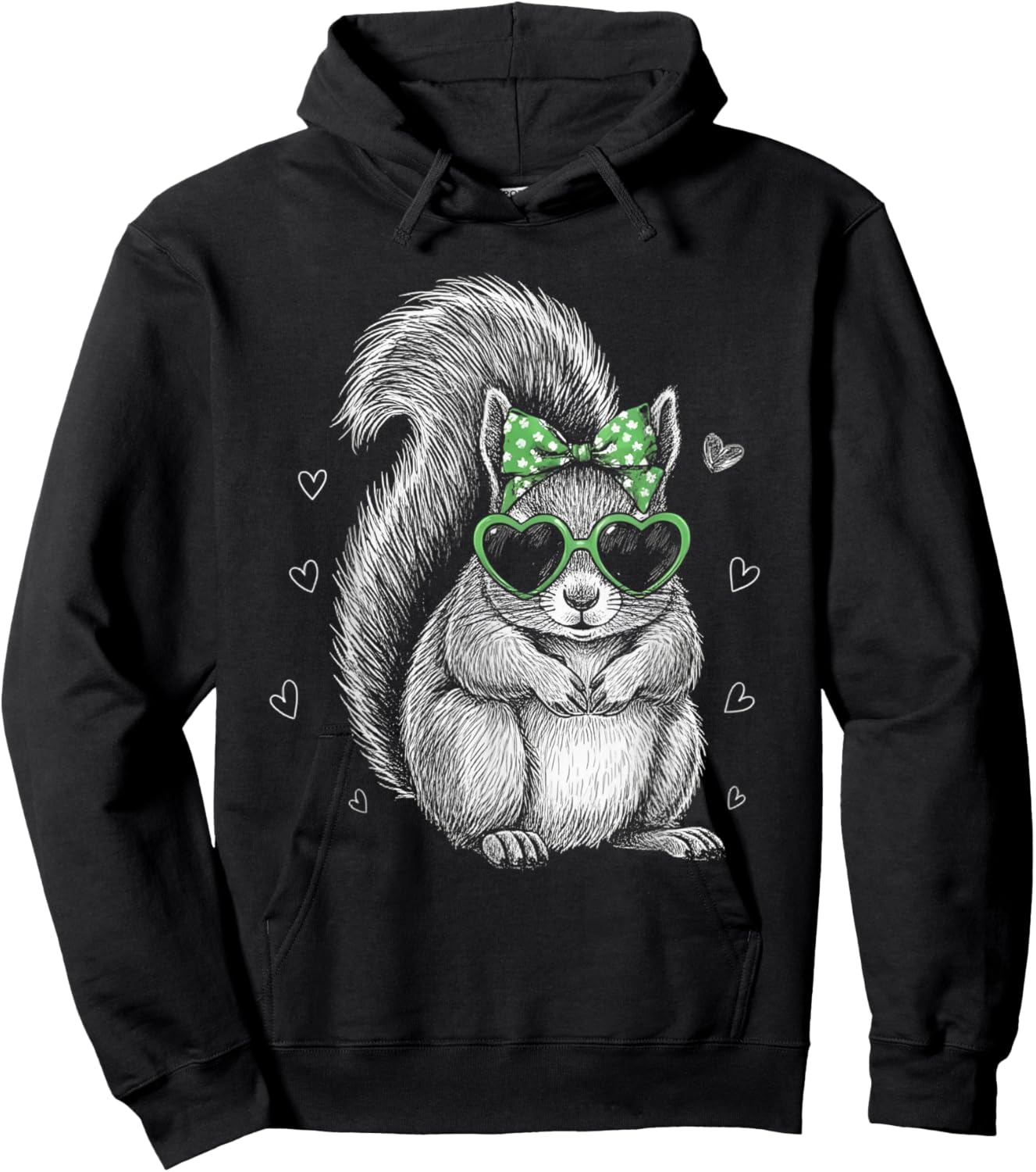 Vintage Squirrel Shamrock Coquette Bow St Patrick's Day Girl Hoodie - Hoodie | Black