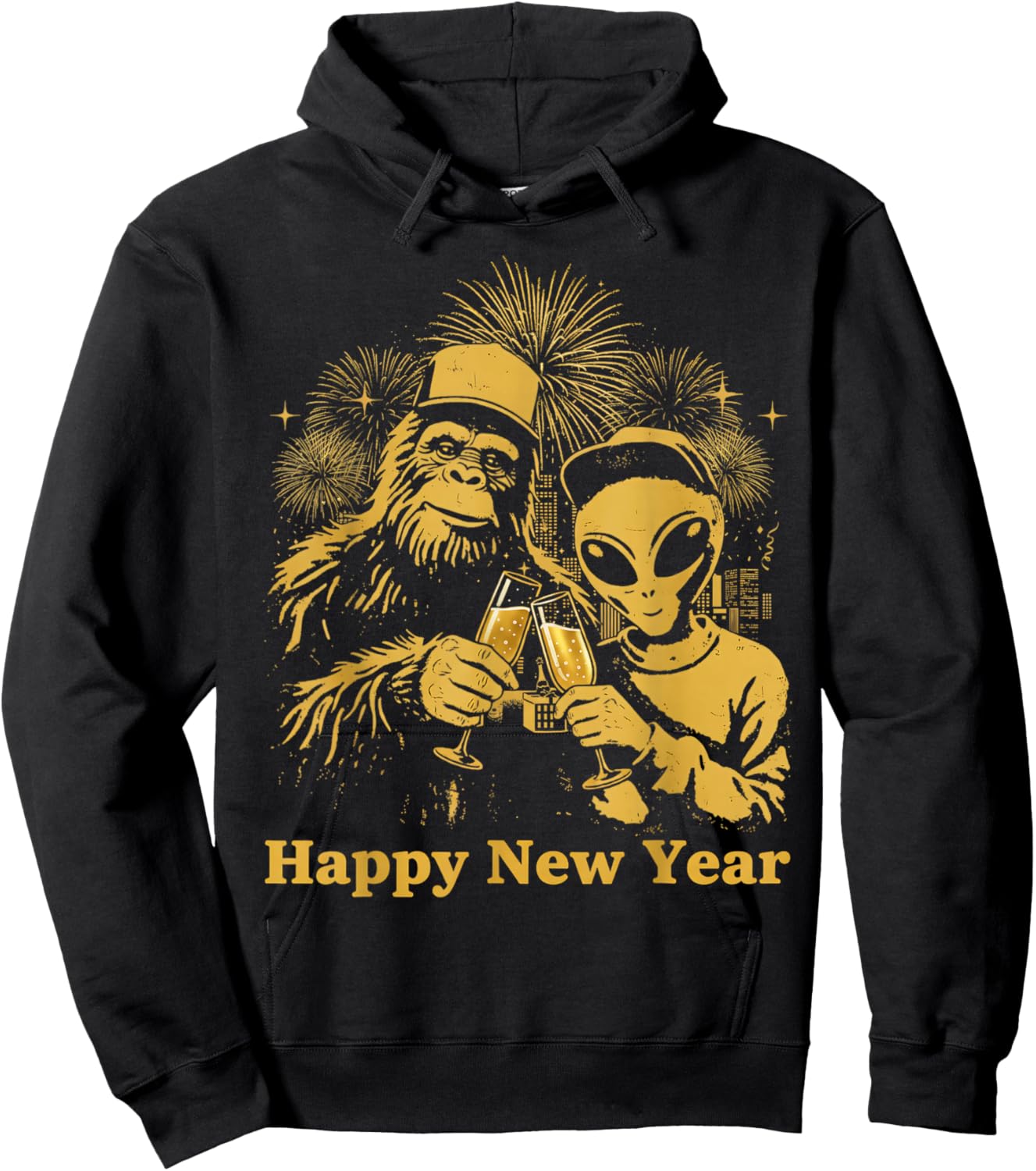 Happy New Year Bigfoot and Alien Sasquatch Fireworks Party Hoodie - Hoodie | Black