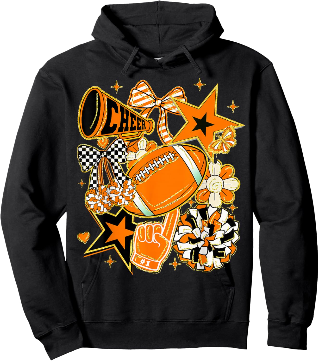 Coquette Bow Football Orange Black Game Cheer Mom Touchdown Hoodie - Hoodie | Black