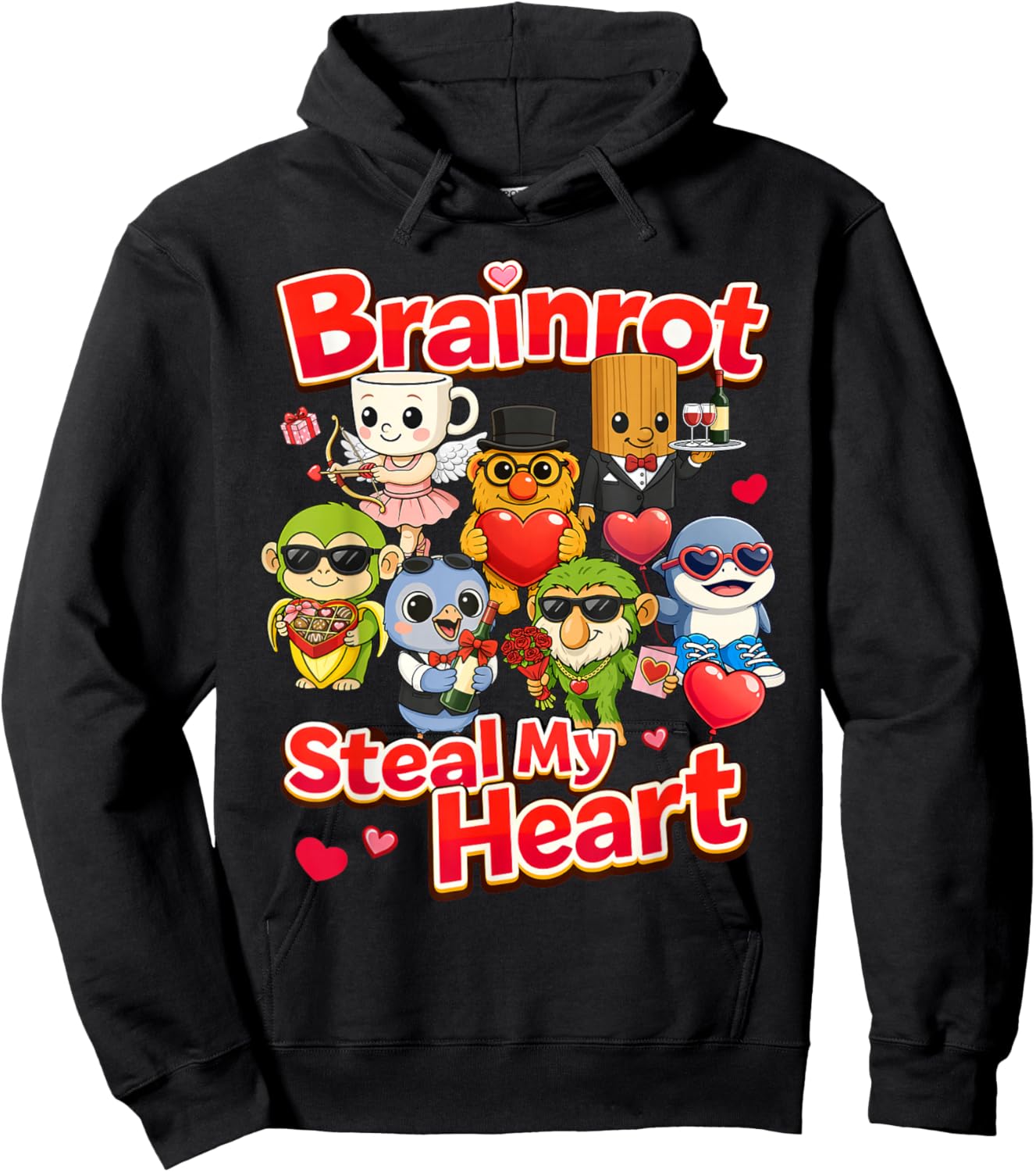 Brainrot Steal My Heart Valentine Kids AI Generated Cute Hoodie - Hoodie | Black