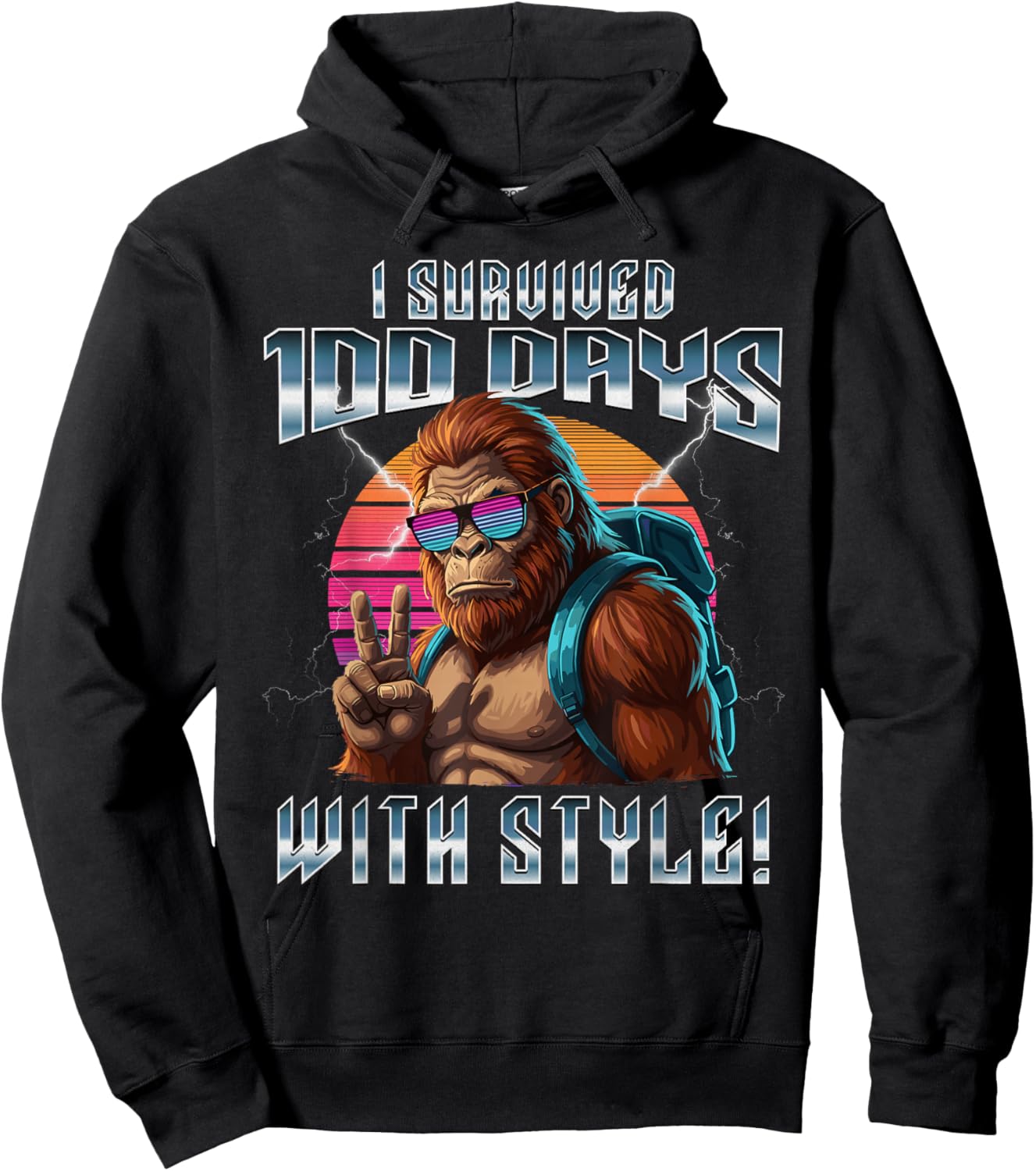 Retro I Survived 100 Days of School Bigfoot Kids Teacher Hoodie - Hoodie | Black