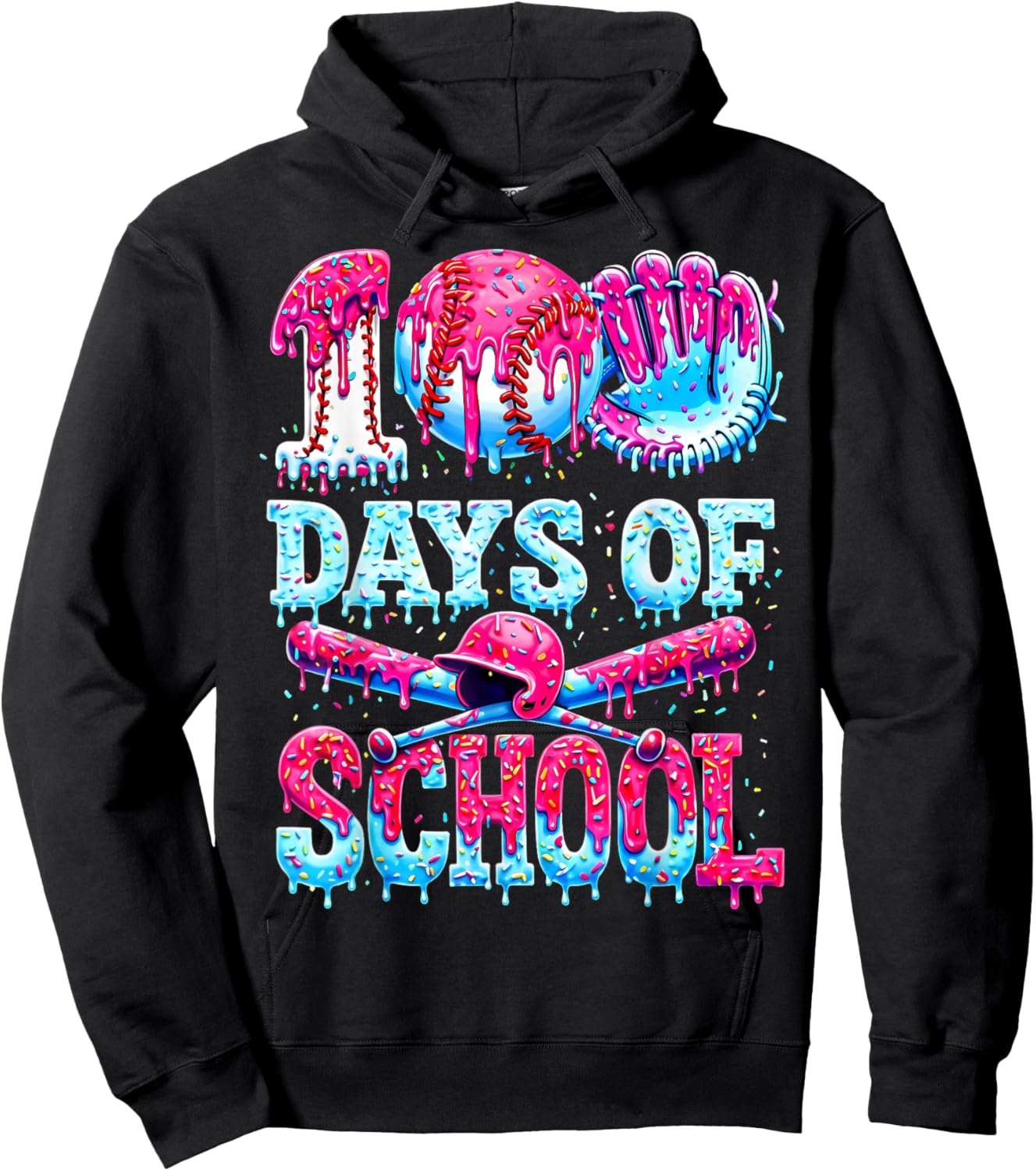 100 Days of School Baseball Ice Cream Drip Gift Boys Kid Hoodie - Hoodie | Black