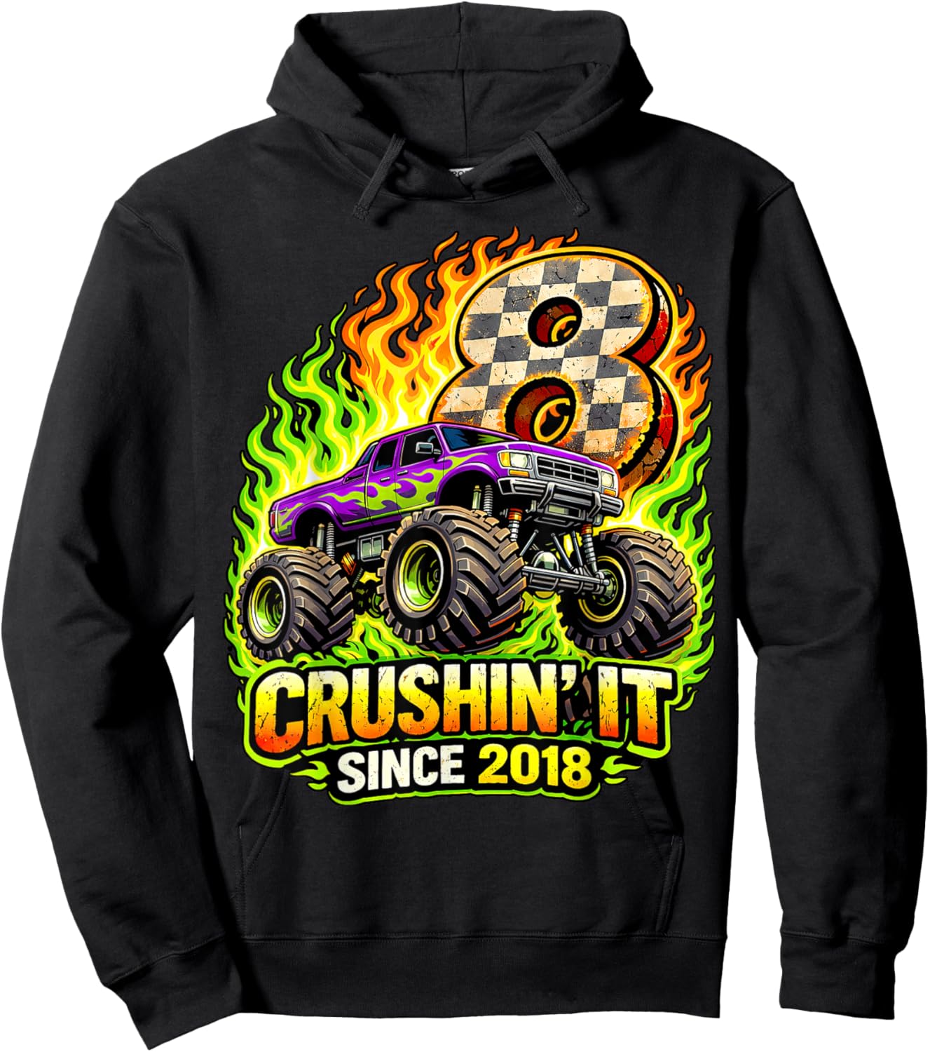 Birthday Monster Truck 8 Year Old Boys 8th Party Born 2018 Hoodie - Hoodie | Black