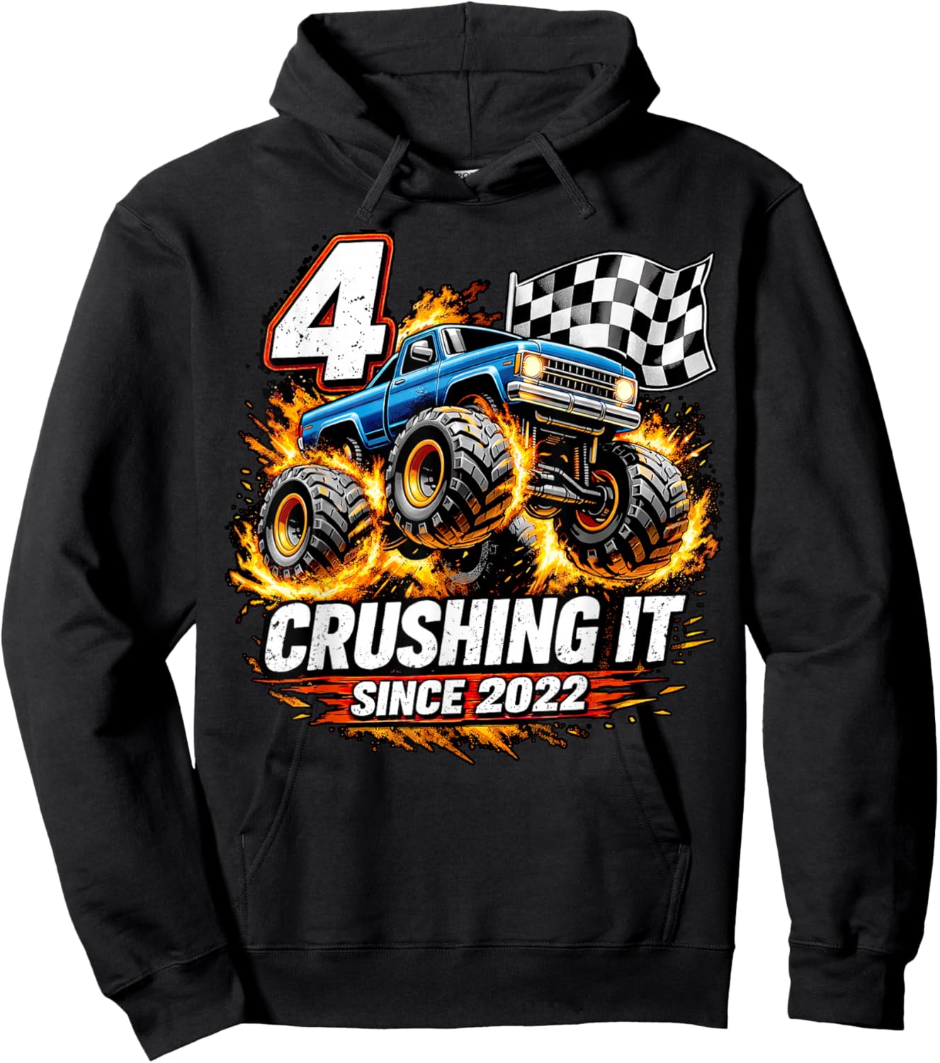 Birthday Monster Truck 4 Year Old Boys 4th Party Born 2022 Hoodie - Hoodie | Black