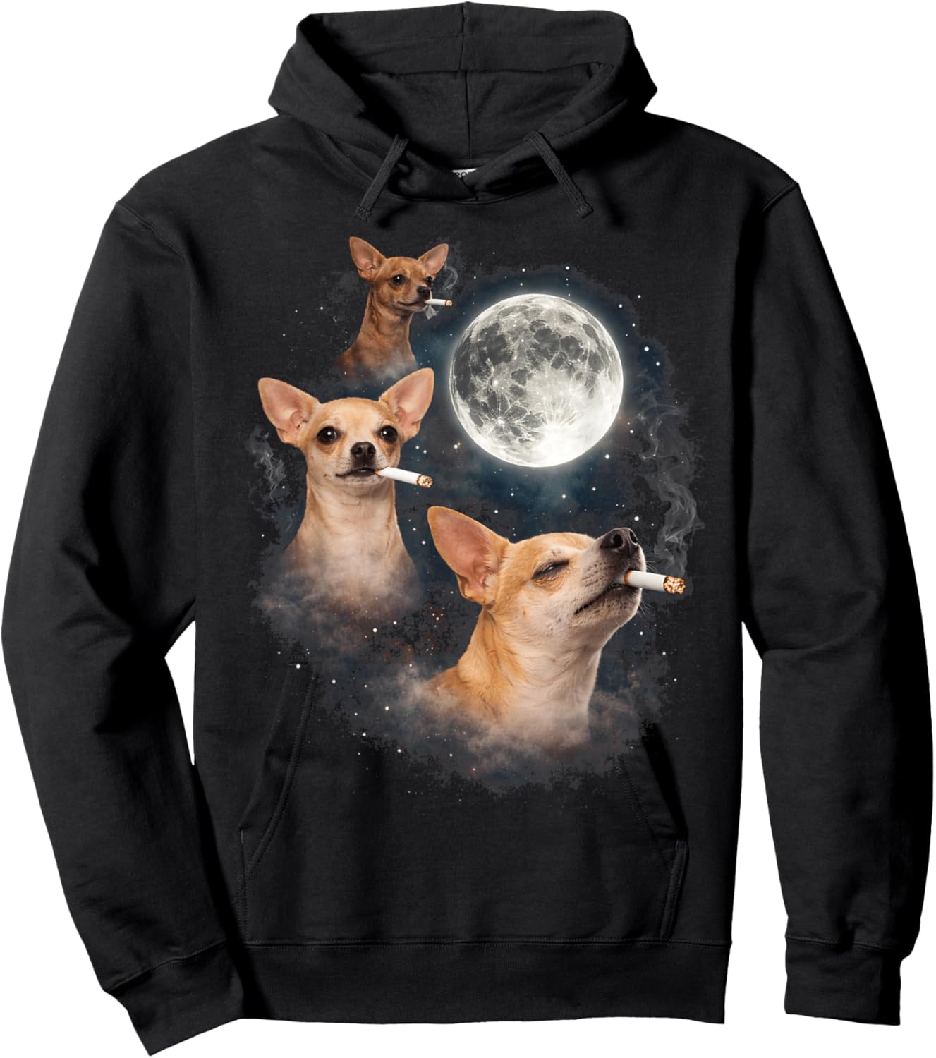 Chihuahua Smoking Moon 3 Dog Meme Funny Wolves Howling Hoodie - Hoodie | Black