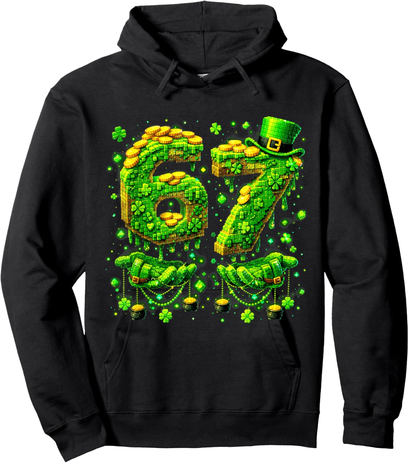 Six Seven Meme 67 St Patricks Day Pixel Shamrock Men Kids Hoodie - Hoodie | Black