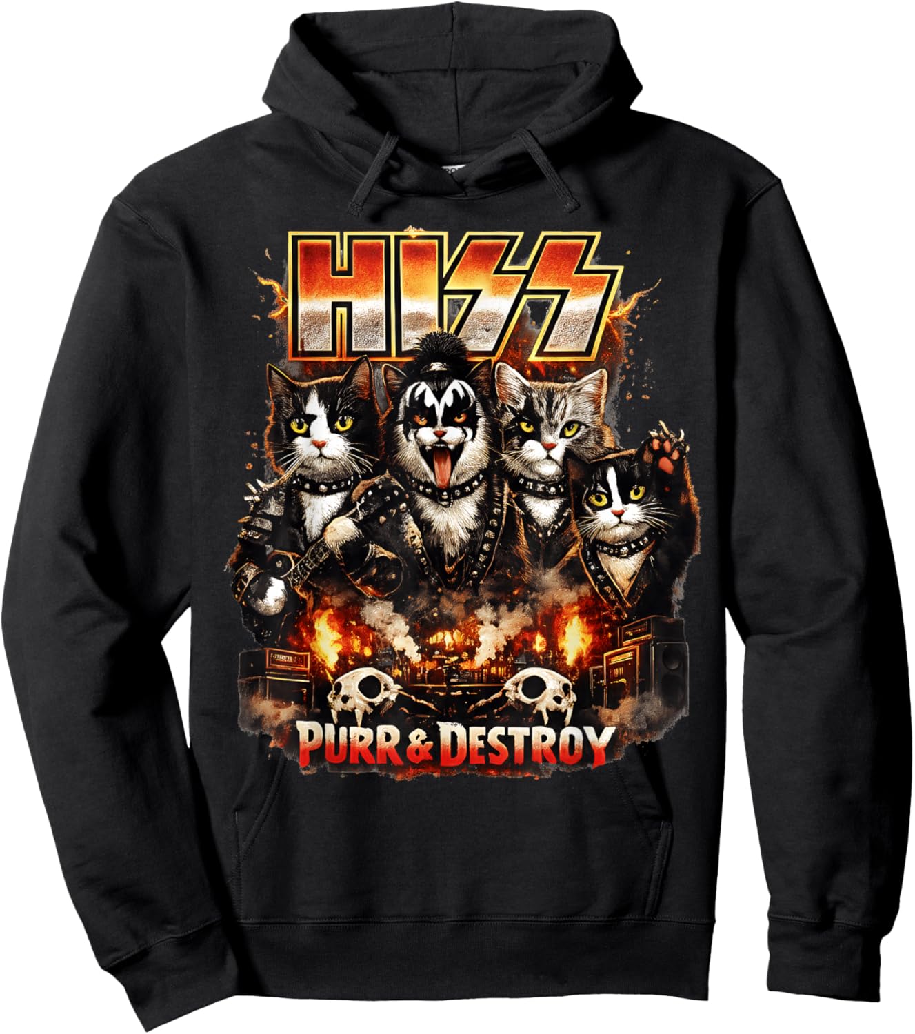 Hiss Cat Rock Parody Funny Retro Feline Music Lover Humor Hoodie - Hoodie | Black