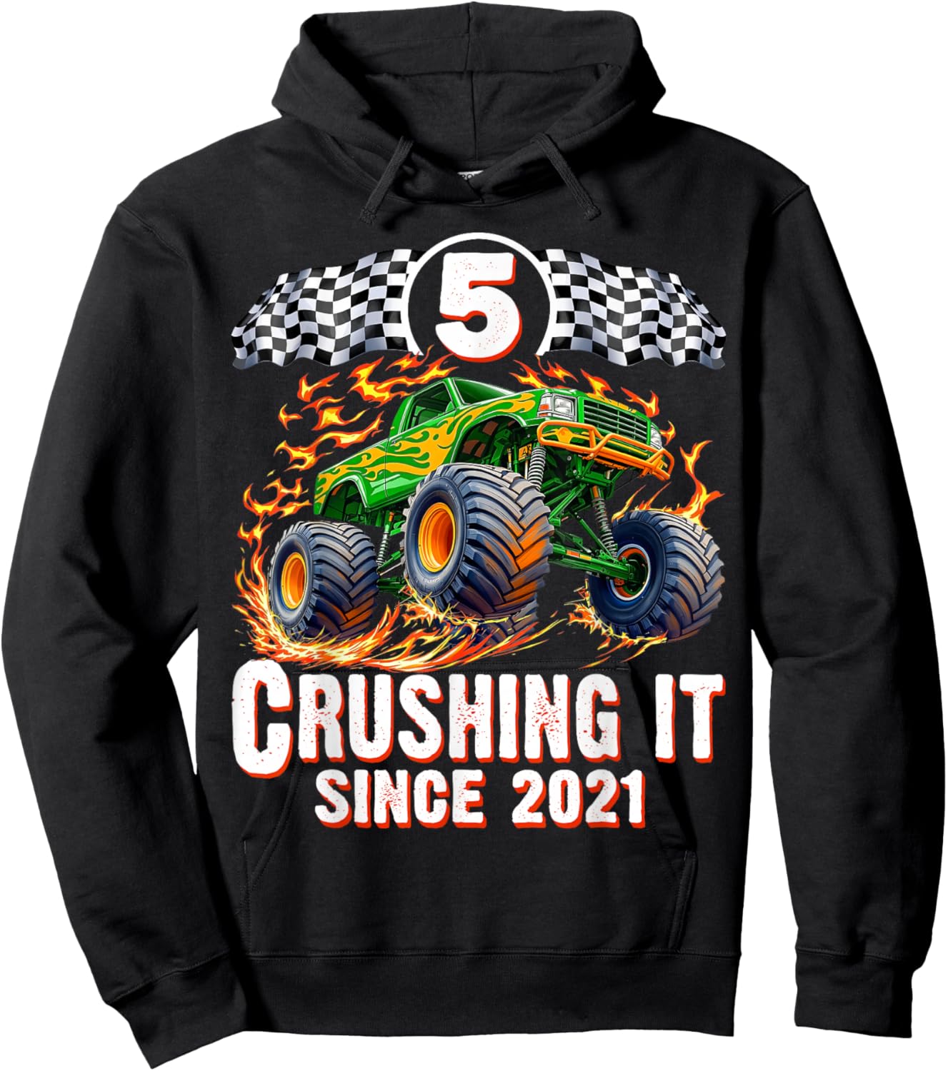 Birthday Monster Truck 5 Year Old Boys 5th Party Born 2021 Hoodie - Hoodie | Black