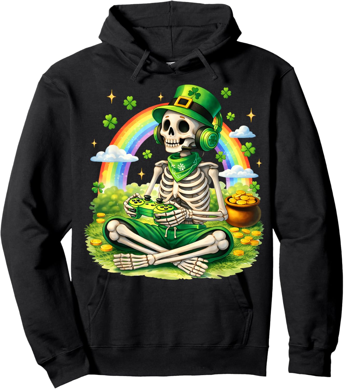 St Patricks Day Skeleton Leprechaun Gamer Irish Boys Men Hoodie - Hoodie | Black