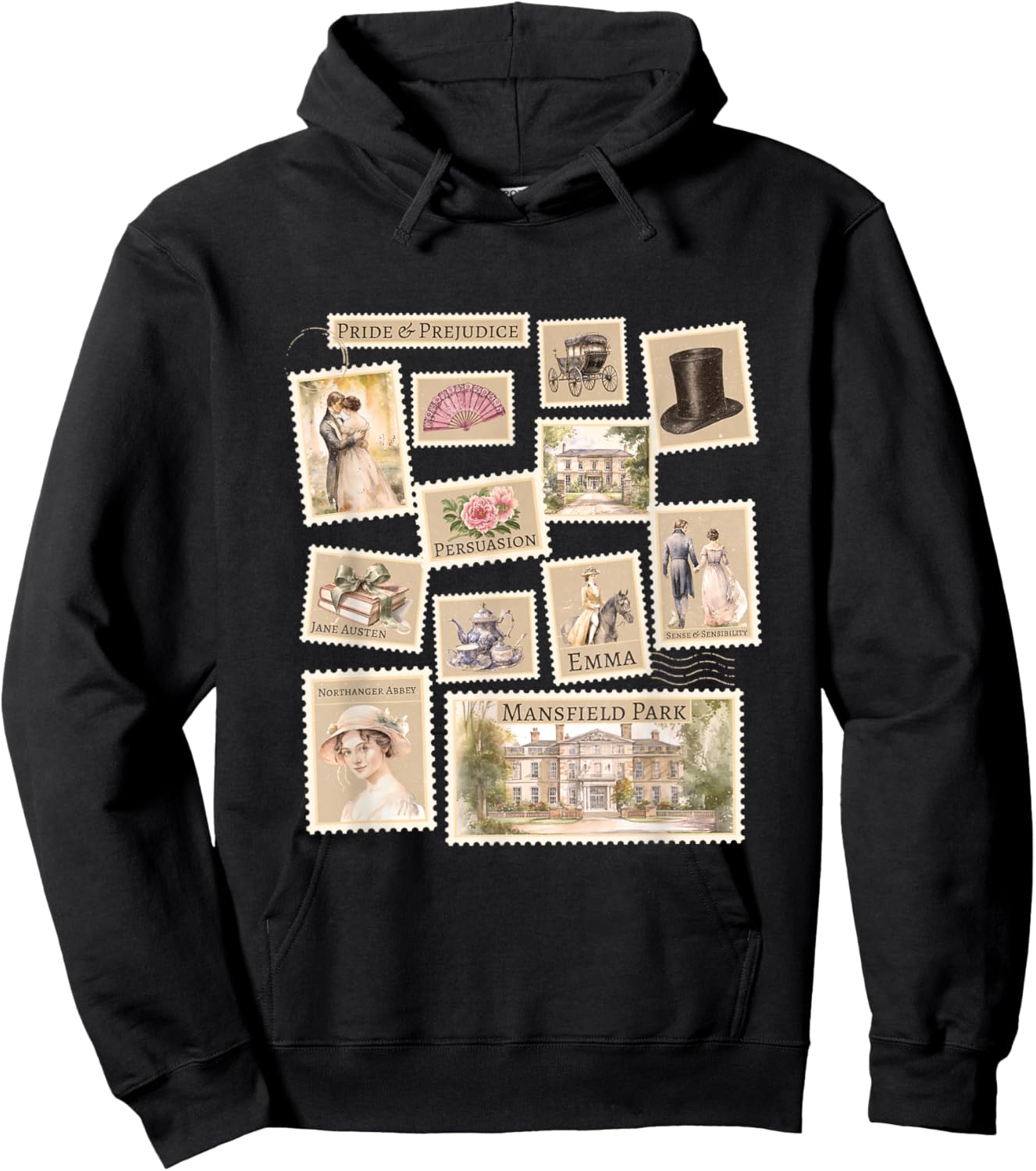 Jane Austen Book Classic Literature Stamp Collage Hoodie - Hoodie | Black