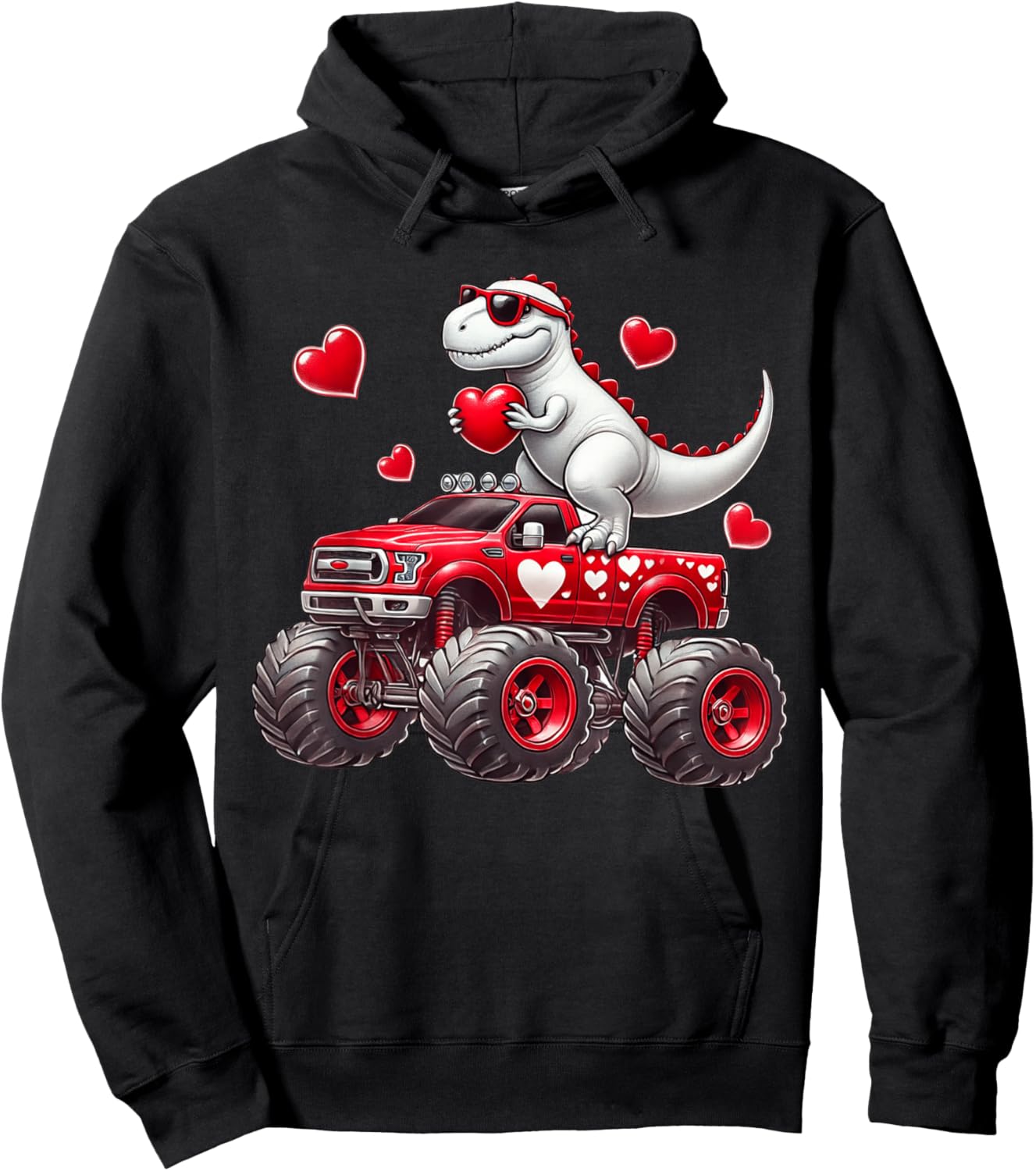 Valentines Day T Rex Riding Monster Truck Funny Toddler Boys Hoodie - Hoodie | Black