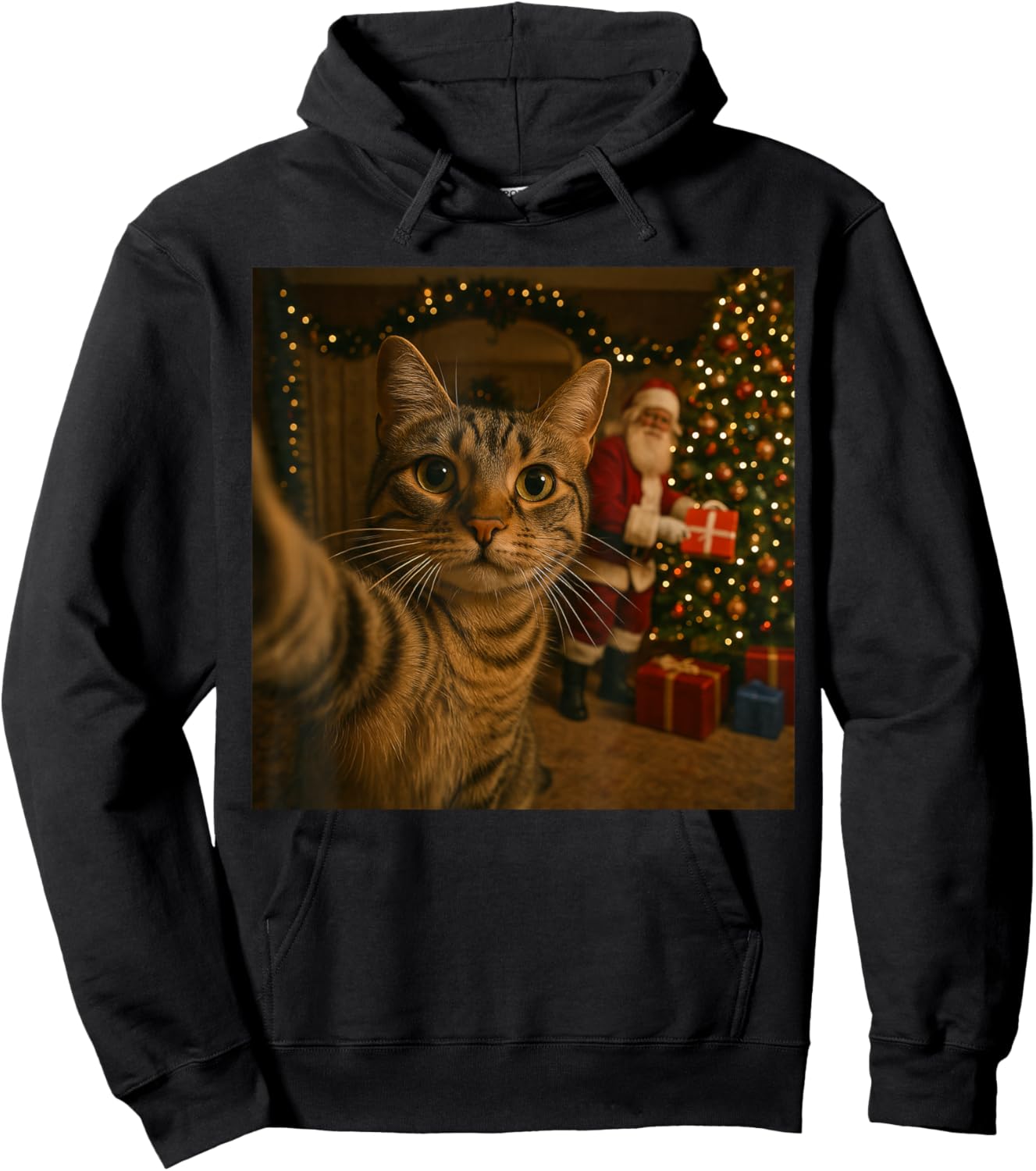 Santa Cat Christmas Tree Shirt, Funny Christmas Cat Selfie Hoodie - Hoodie | Black