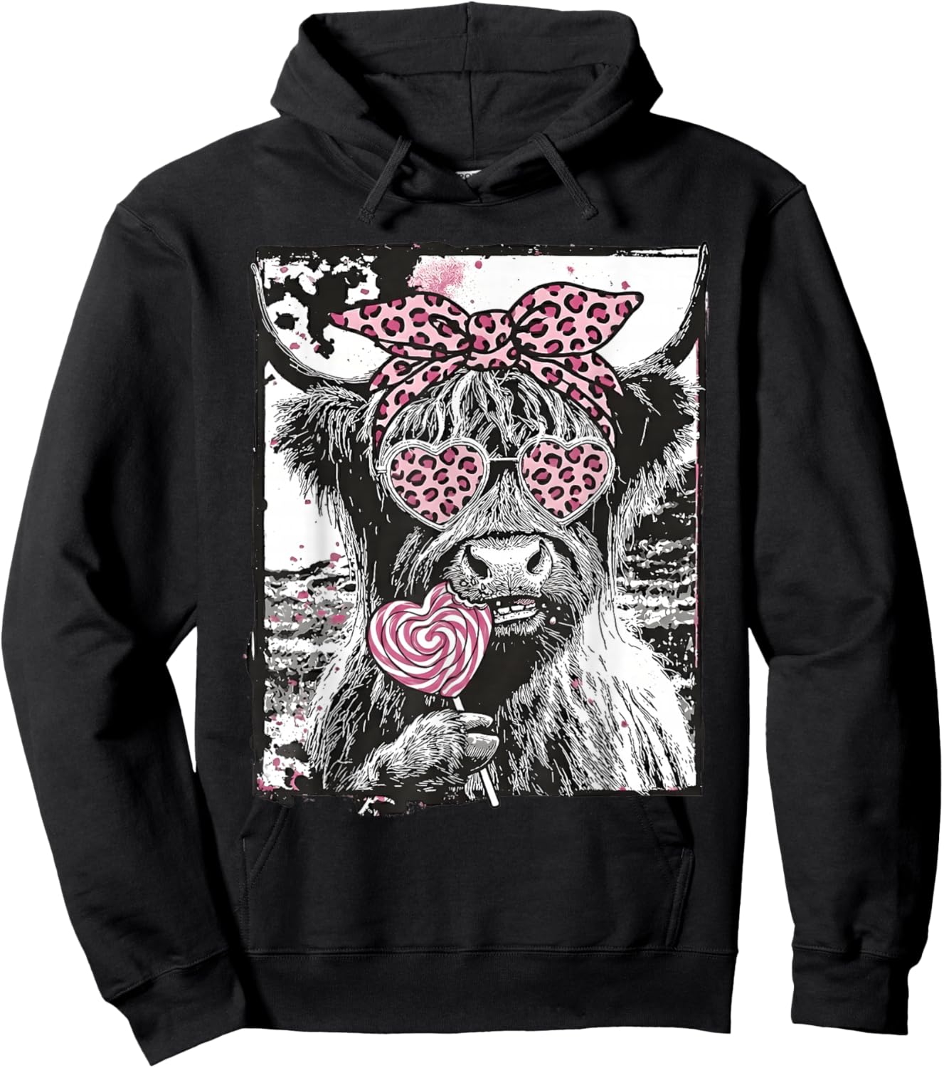 Highland Cow Valentine Coquette Pink Leopard Lollipop Heart Hoodie - Hoodie | Black