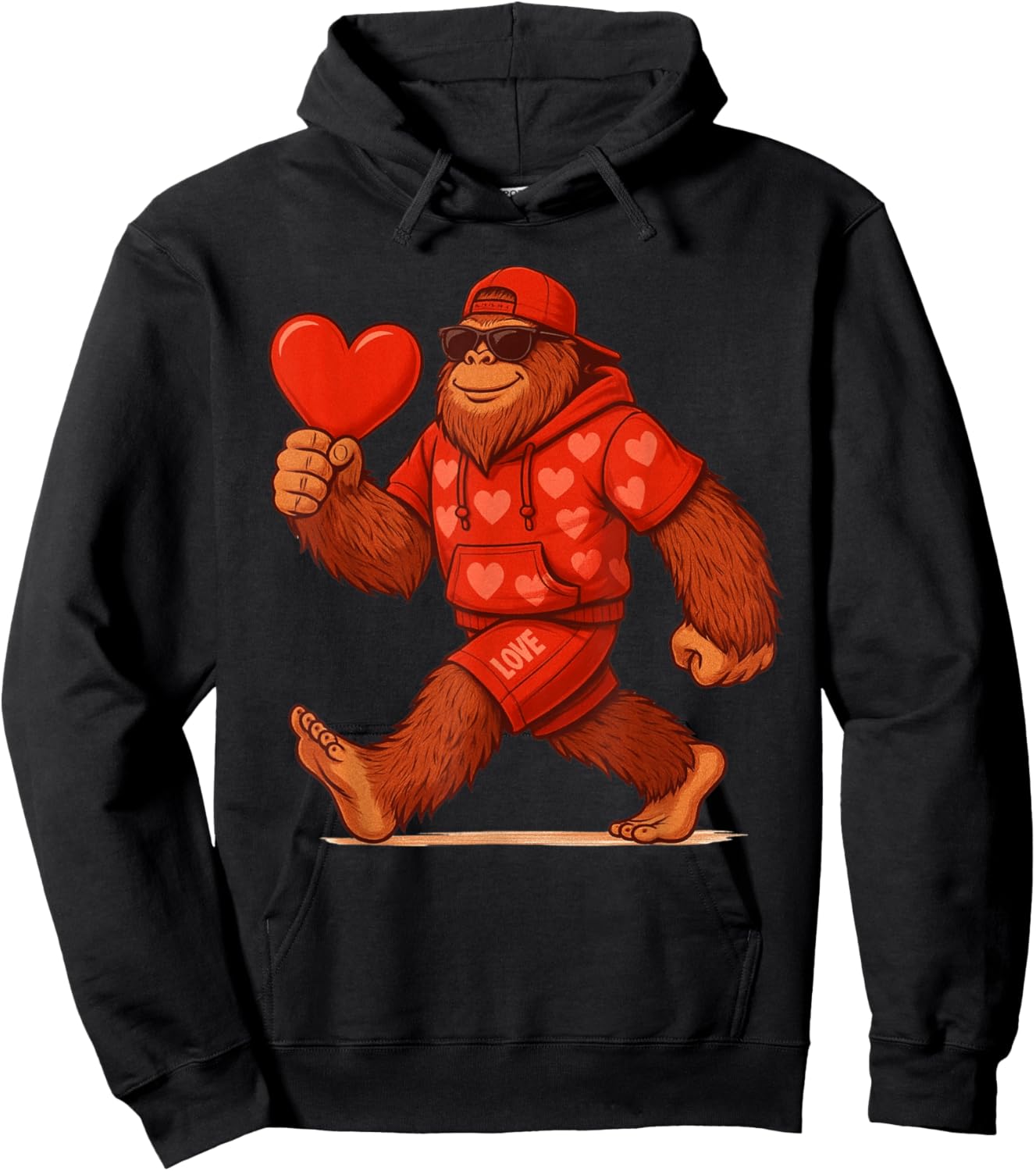 Funny Valentines Day Bigfoot Heart Sunglasses Sasquatch Boys Hoodie - Hoodie | Black