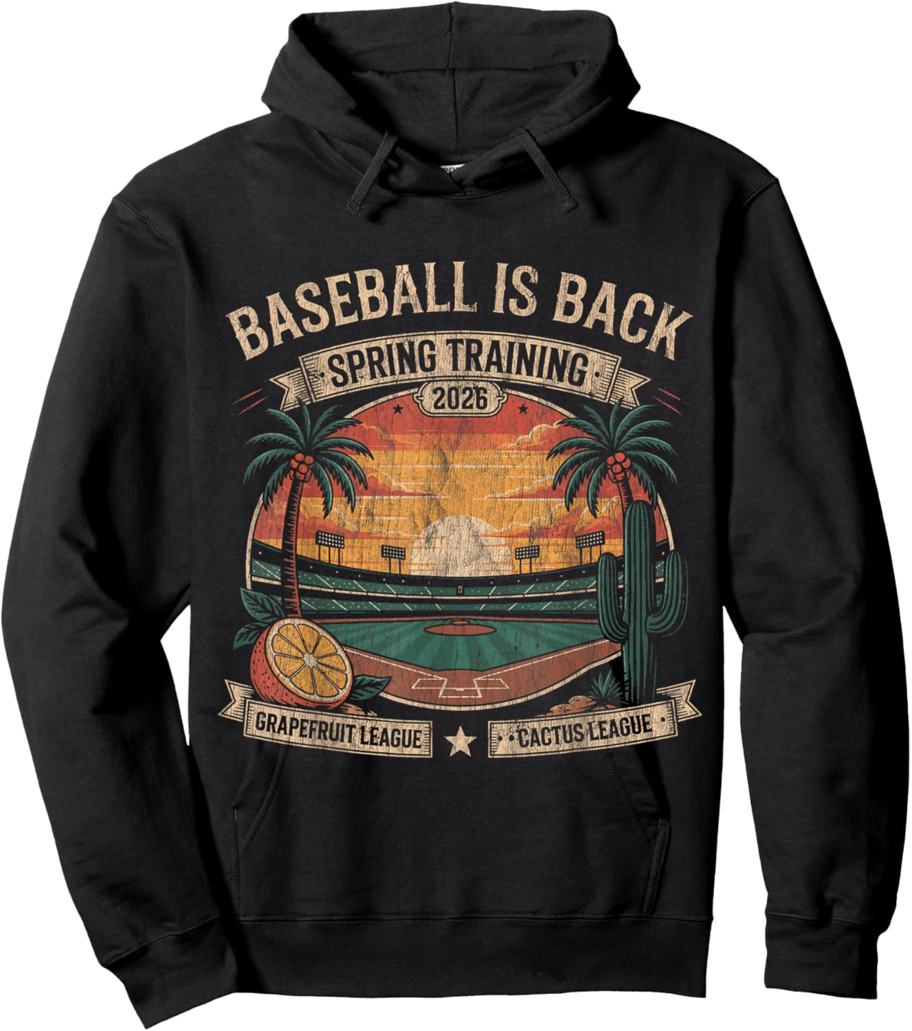Spring Training Baseball is Back 2026 Retro Stadium Sunset Hoodie - Hoodie | Black