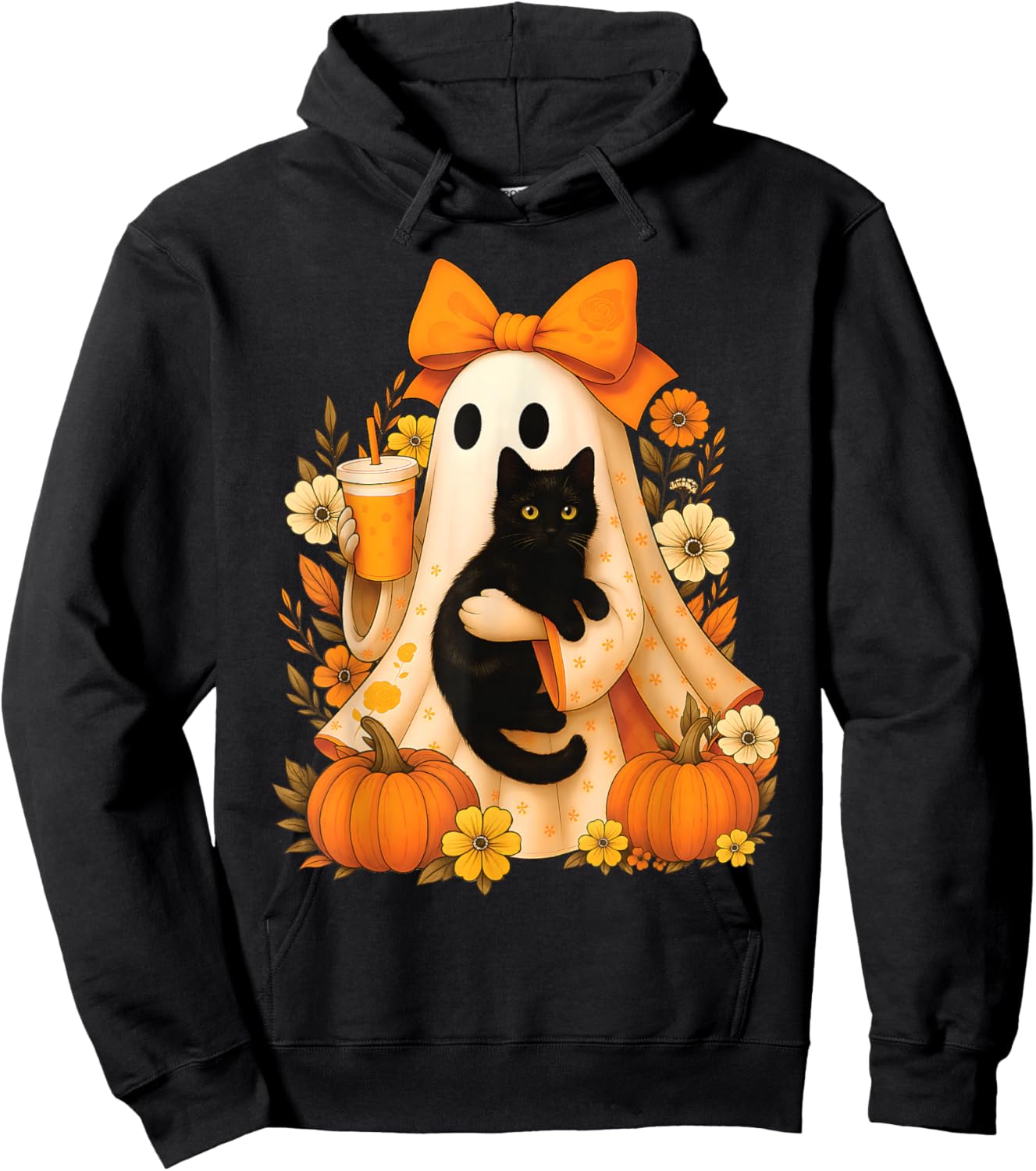 Retro Ghost Holding Cat Groovy Floral Vintage Halloween Hoodie - Hoodie | Black
