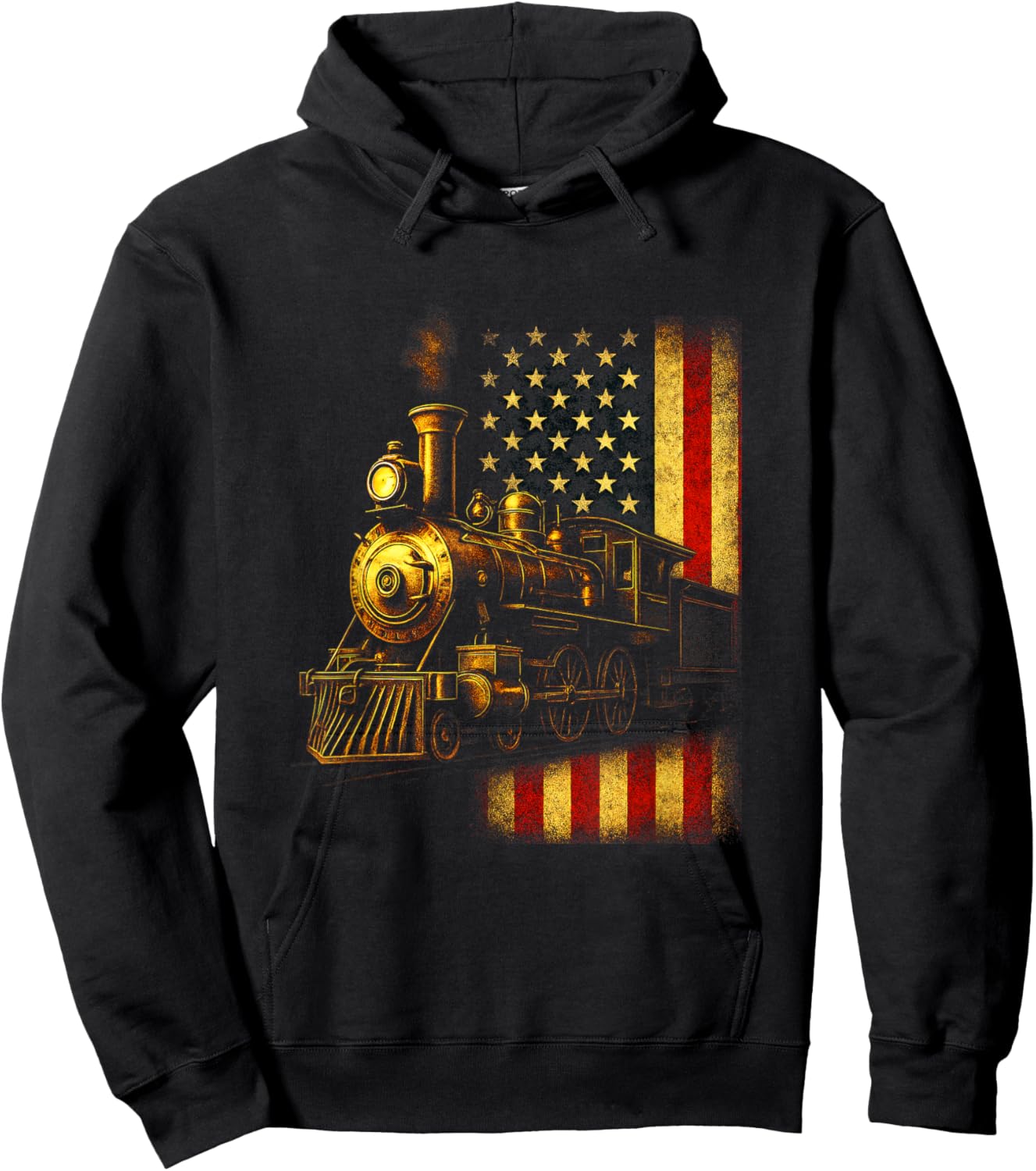 Locomotive & Flag - Steam Train Rail Fan Art Hoodie - Hoodie | Black