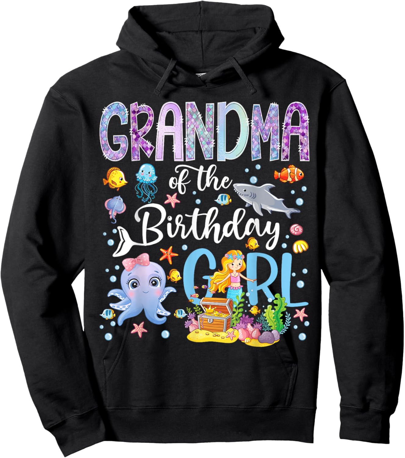 Grandma of The Birthday Girl Mermaid Ocean Aquarium Hoodie - Hoodie | Black