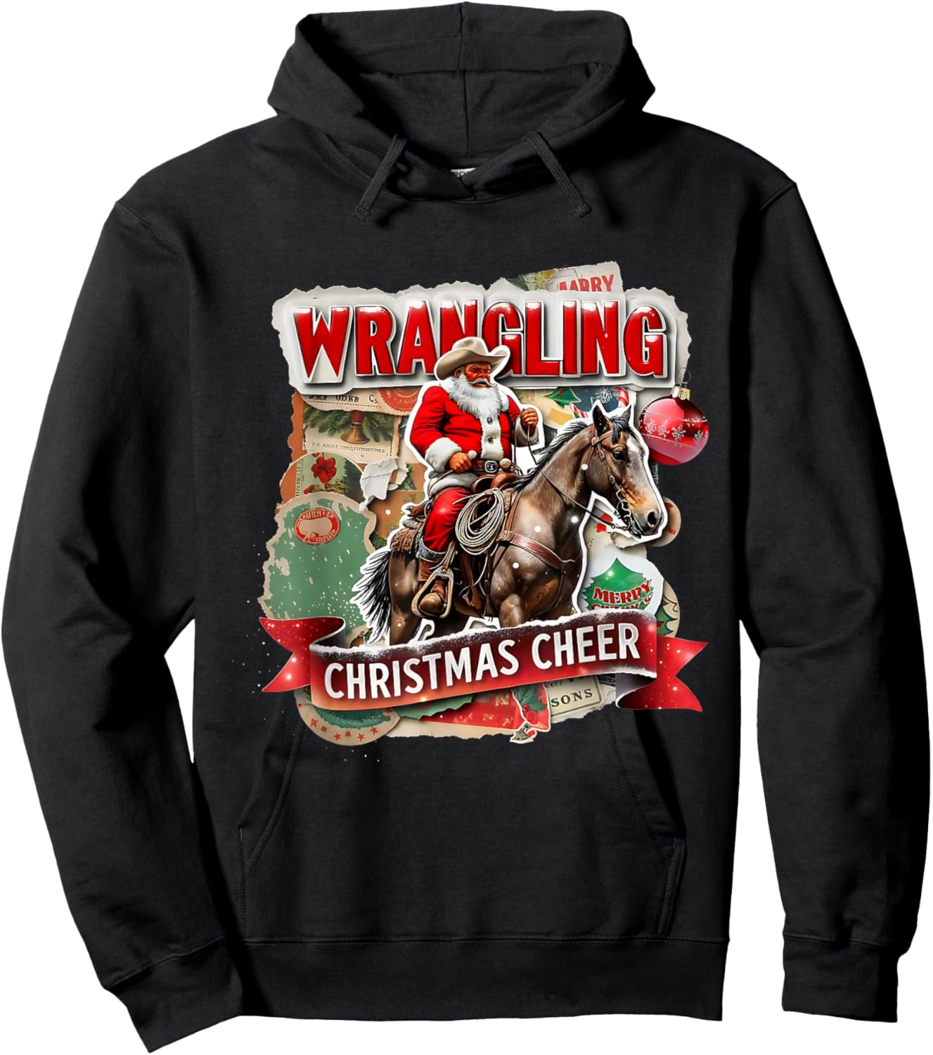 Wrangling Christmas Cheer Cowboy Santa Design Hoodie - Hoodie | Black