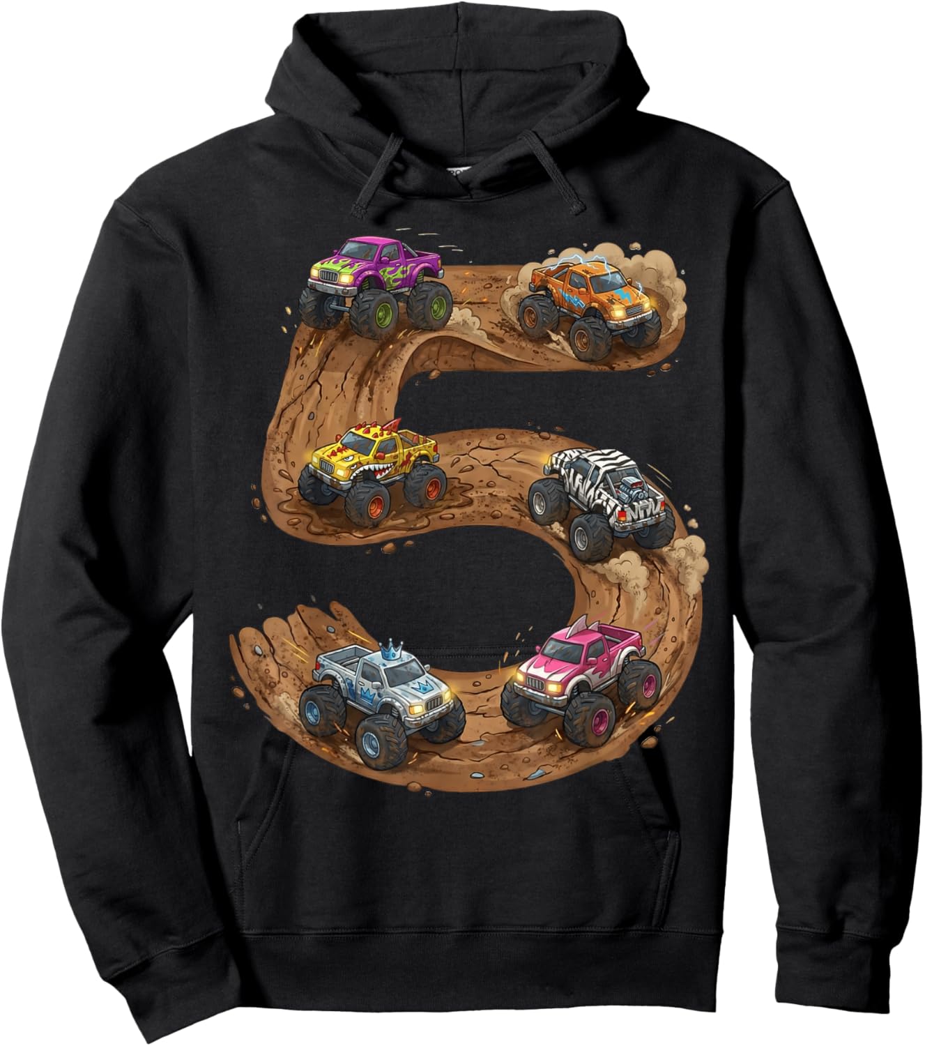 5 Year Old Boy Birthday Monster Trucks Toddler 5th Birthday Hoodie - Hoodie | Black