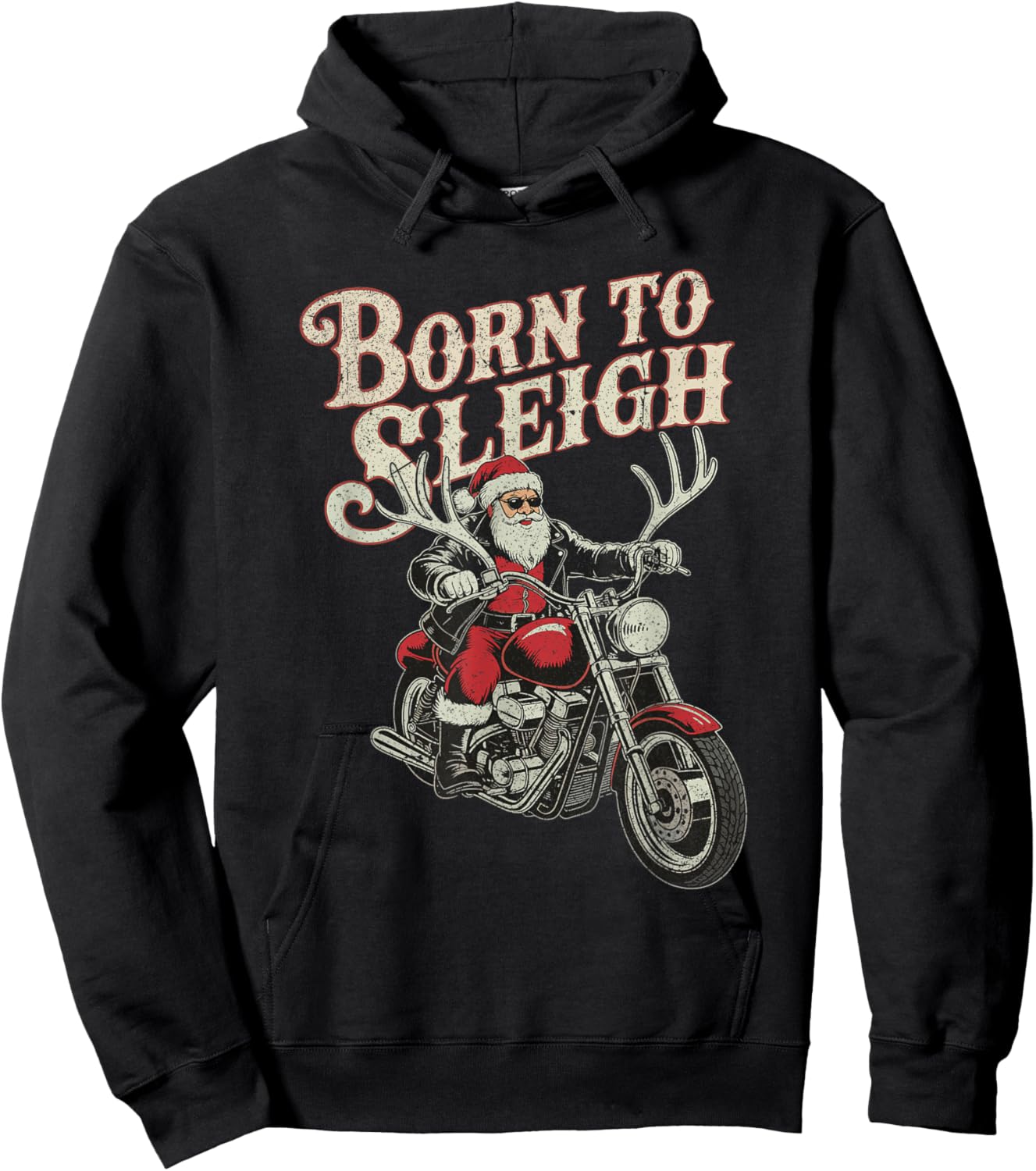 Santa Riding Motorcycle Born to Sleigh Christmas Rock Hoodie - Hoodie | Black