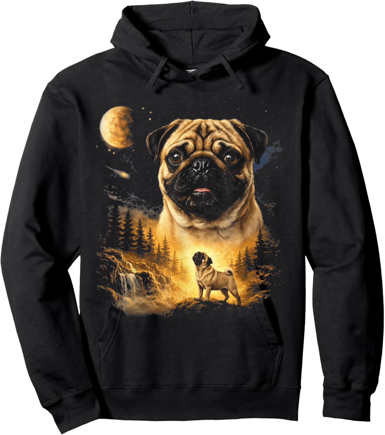 Pug Howling to The Moon Vintage 90s Funny Dog Graphic Hoodie - Hoodie | Black