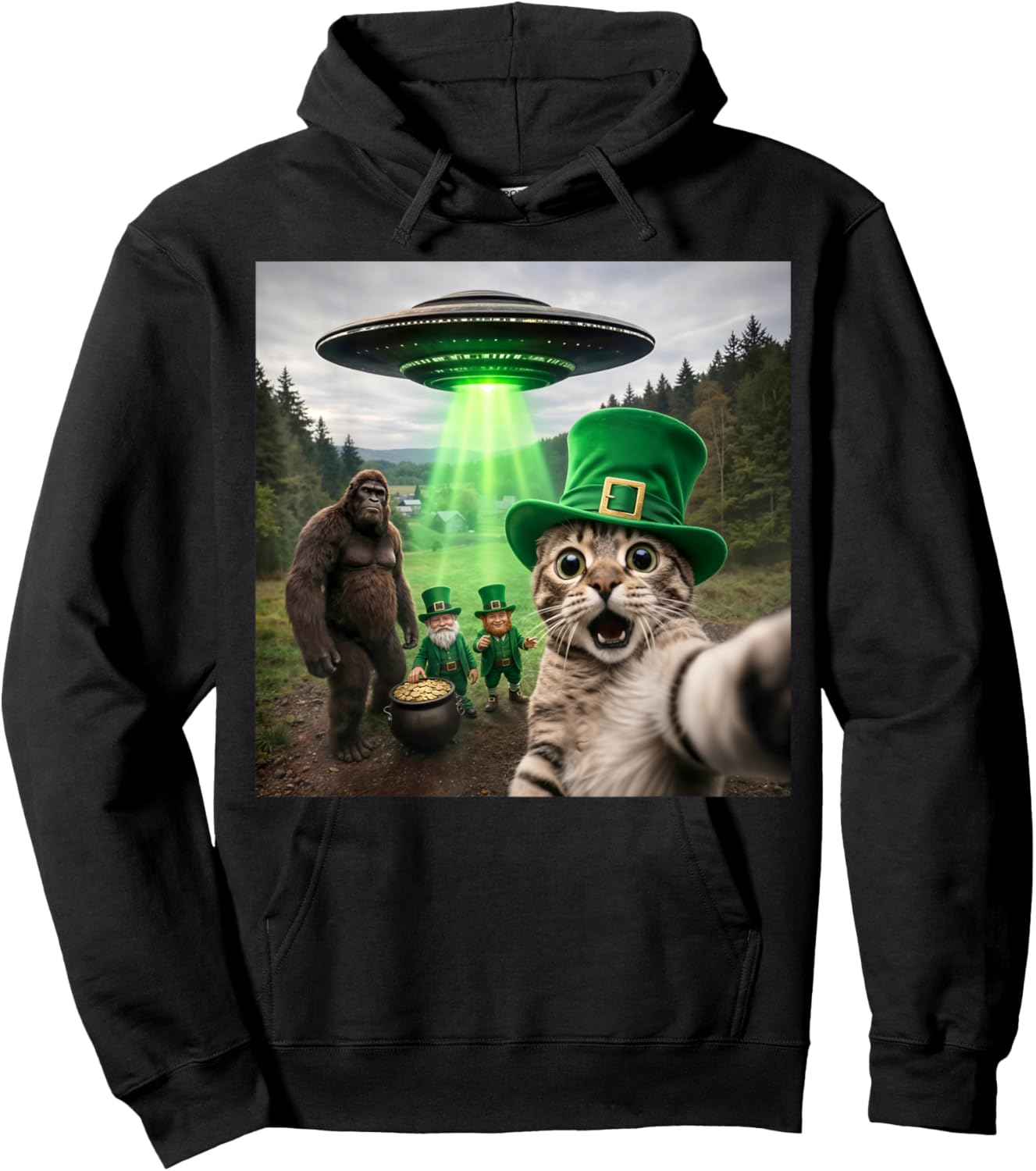 Funny St Patricks Day Cat Selfie with Leprechaun Bigfoot UFO Hoodie - Hoodie | Black