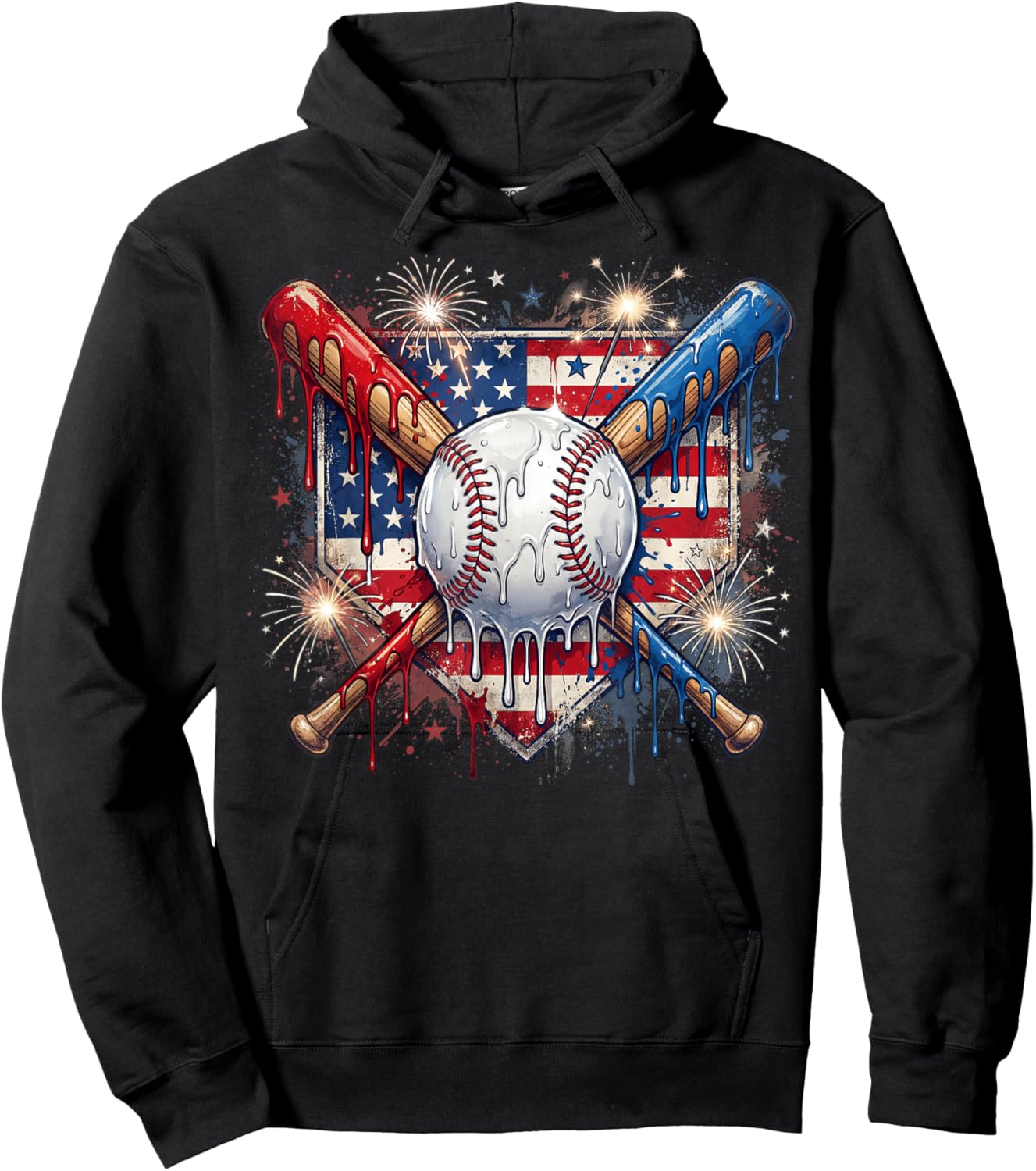 4th of July Baseball Drip Ice Cream Patriotic American Flag Hoodie - Hoodie | Black
