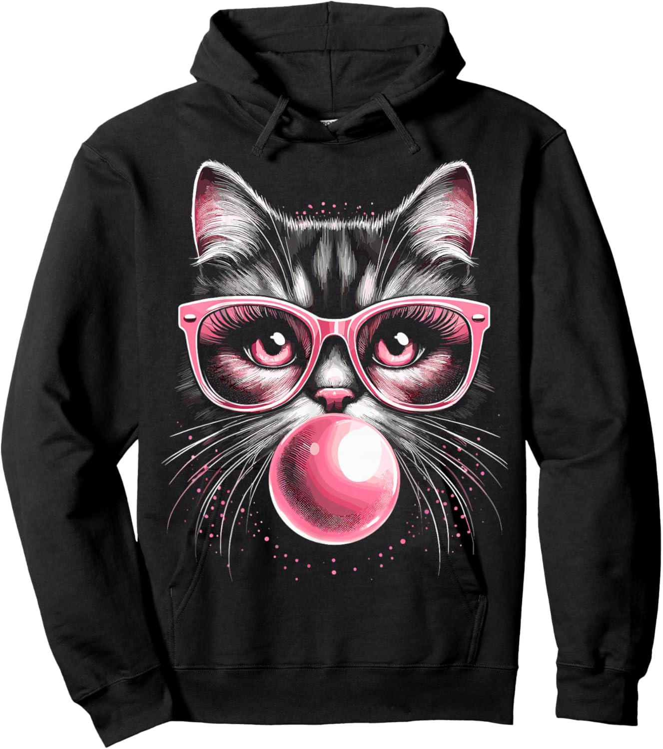 Cute Cat with Glasses and Bubblegum Hoodie - Hoodie | Black