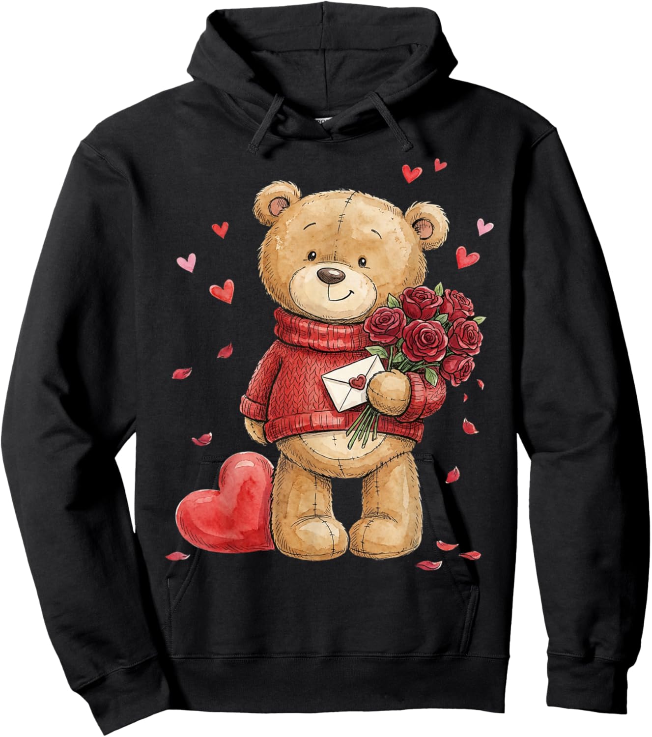 Teddy Bear Roses Men Women Valentines Day Shirt Girl Heart Hoodie - Hoodie | Black