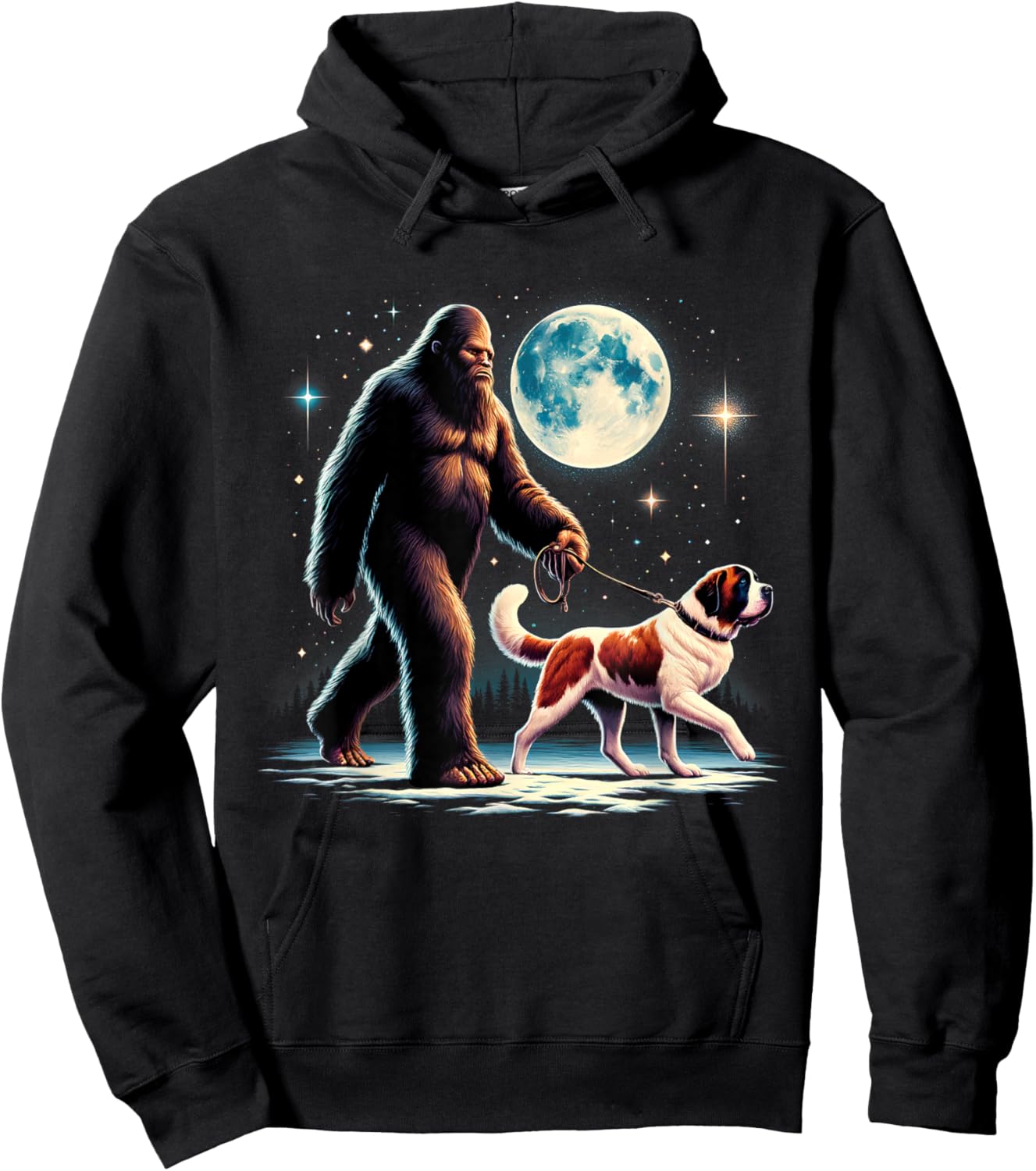 Bigfoot Sasquatch Saint Bernard Walking Dog Lover Moon Hoodie - Hoodie | Black