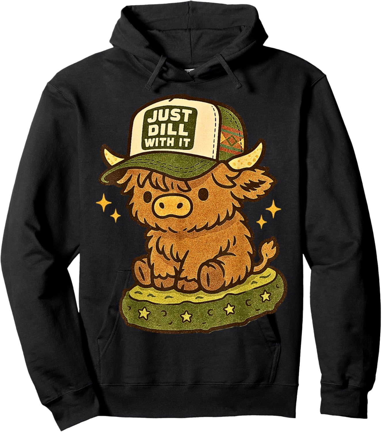 Just Dill with It Cute Highland Cow Pickle Pun Hoodie - Hoodie | Black