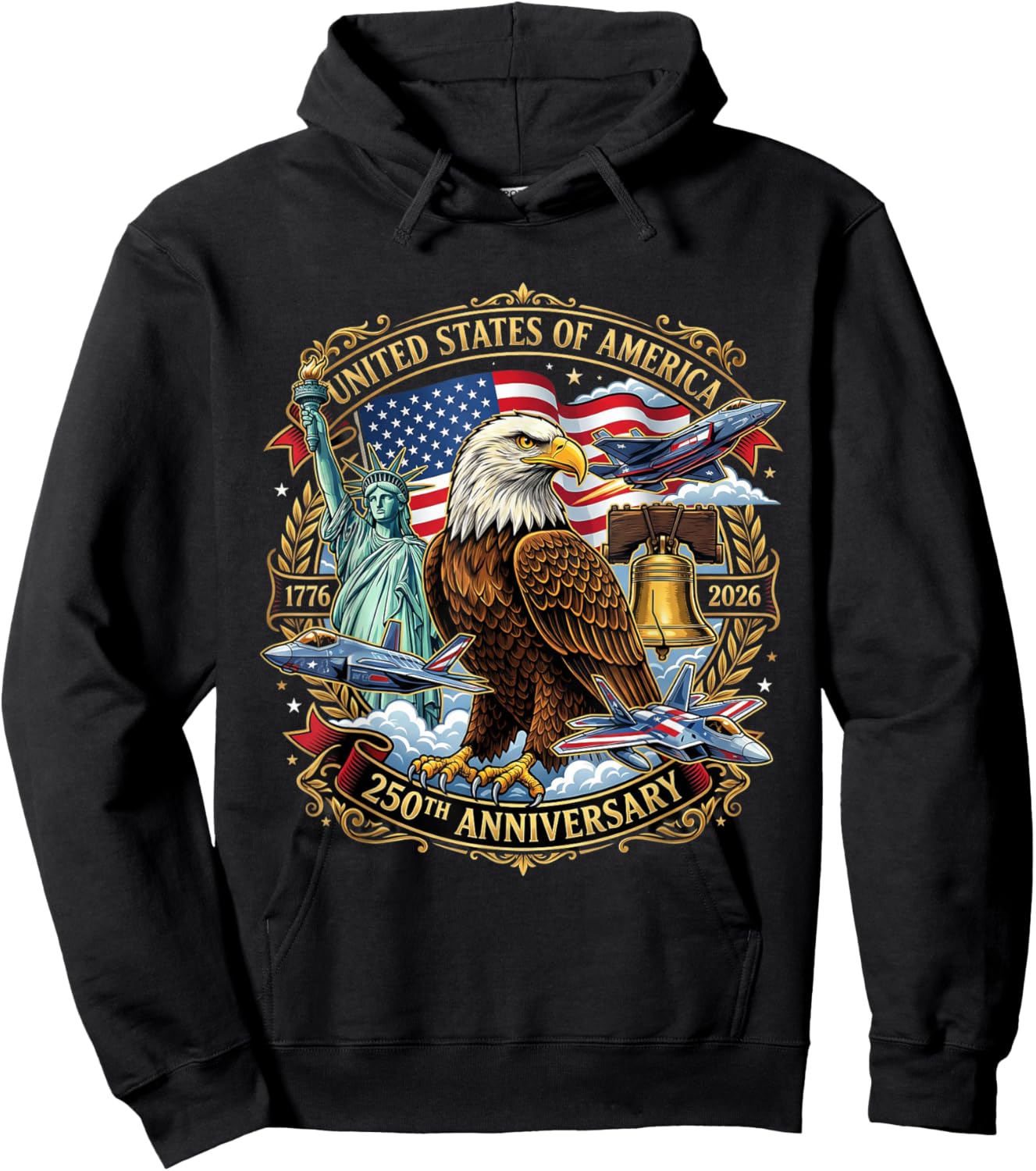 USA Independence 250th Anniversary 1776 2026 Patriotic Eagle Hoodie - Hoodie | Black