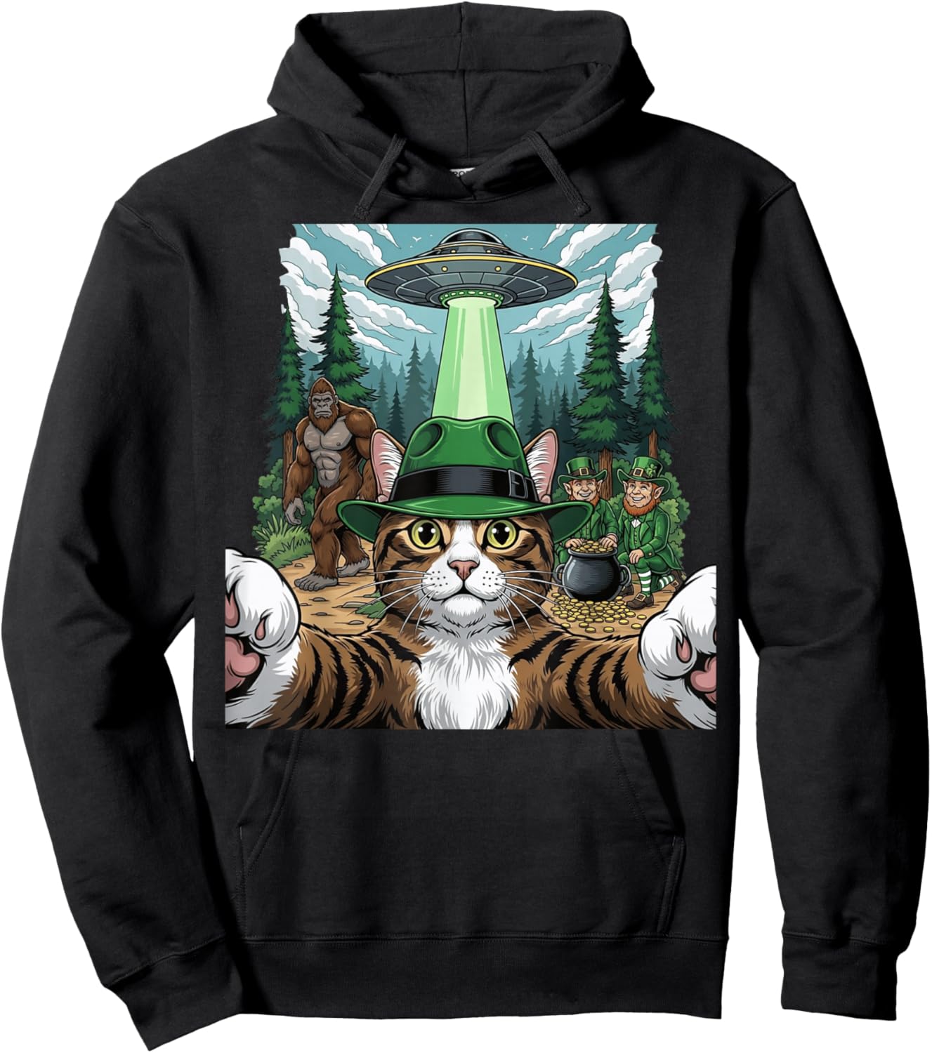 St Patricks Day Bigfoot Leprechaun Cat UFO Funny Scene Hoodie - Hoodie | Black