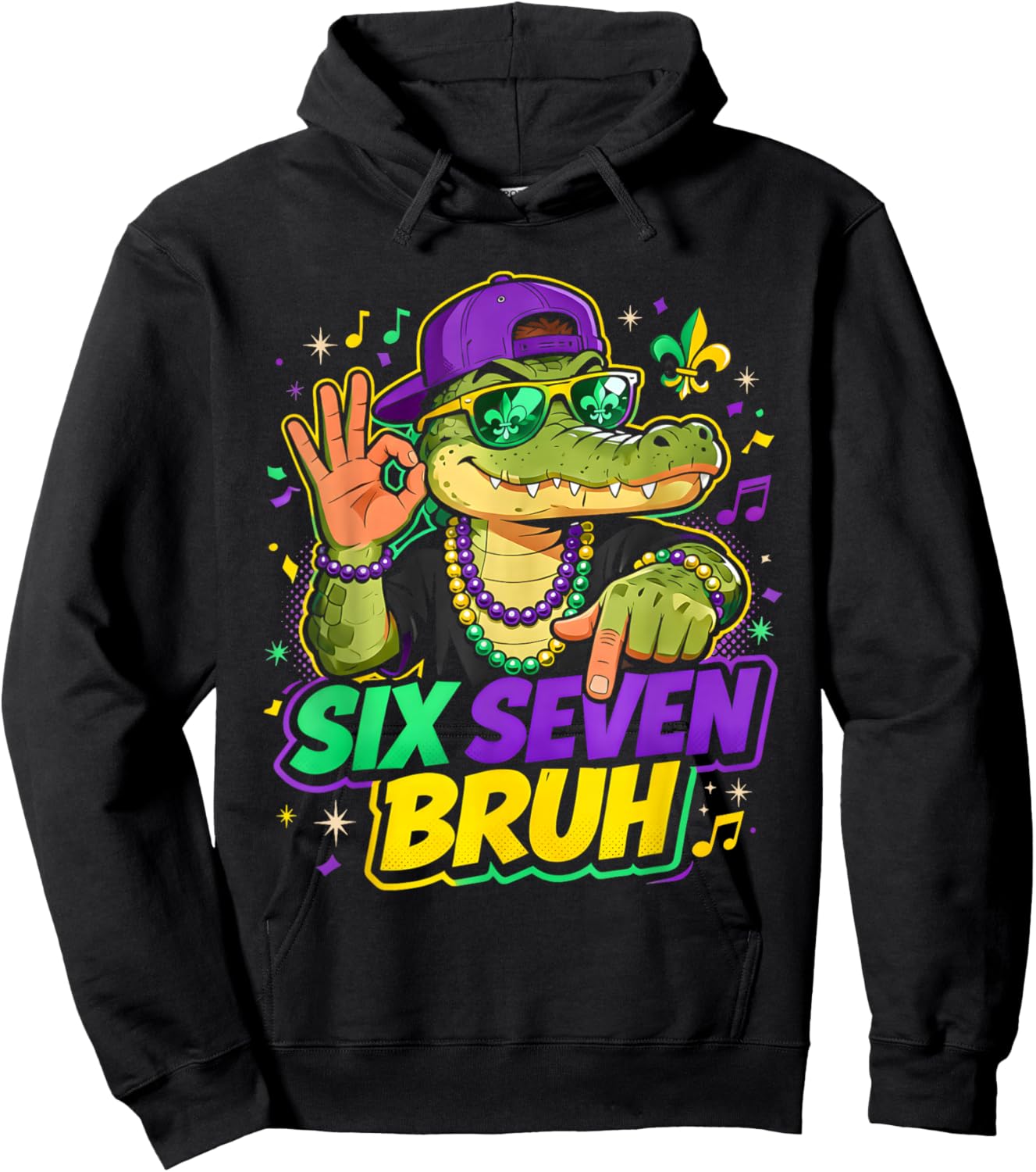 Mardi Gras Six Seven Bruh Mardigator Alligator 6 7 Meme Boys Hoodie - Hoodie | Black