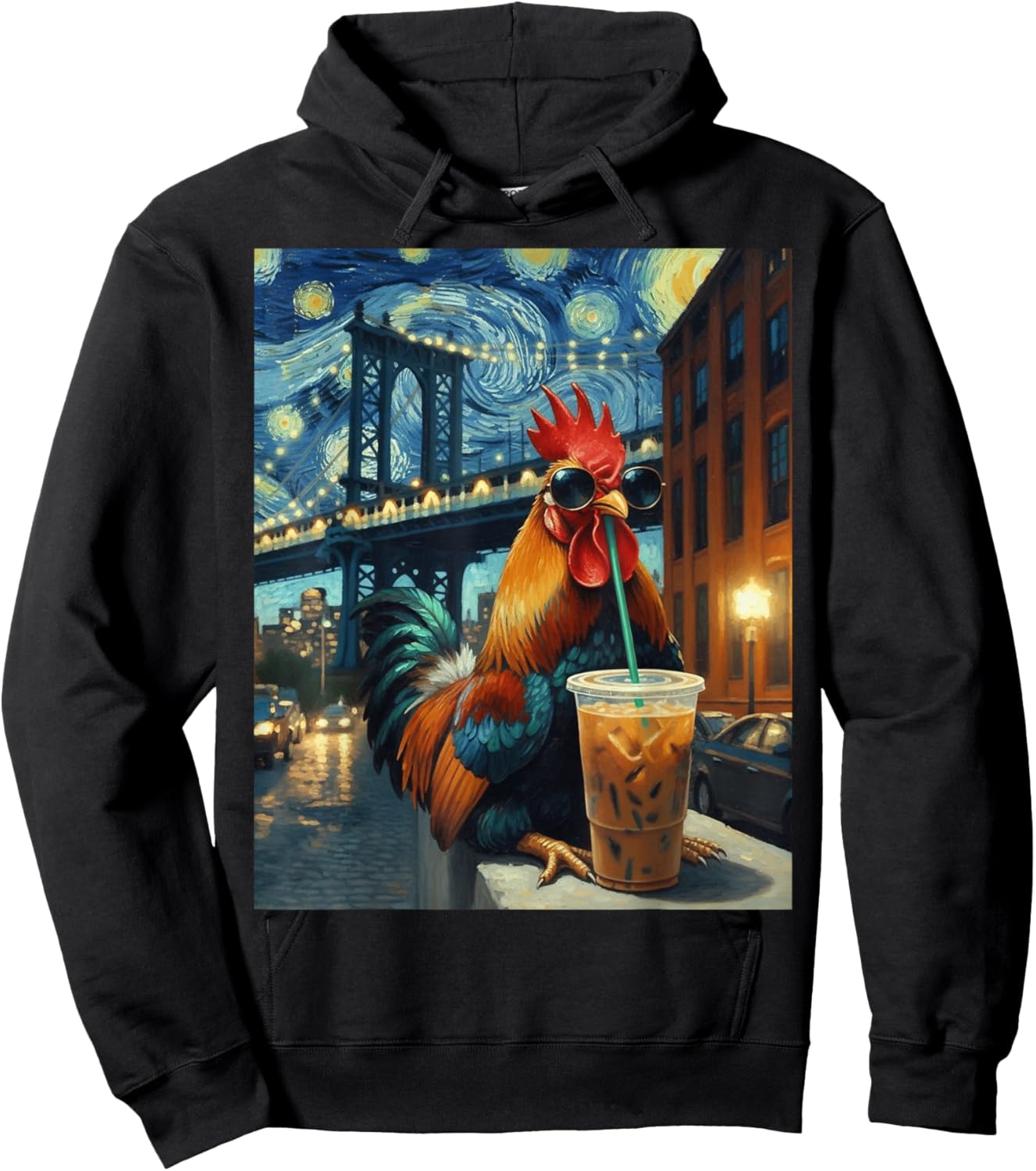 Rooster Drinking Coffee Starry Night Animal Hoodie - Hoodie | Black